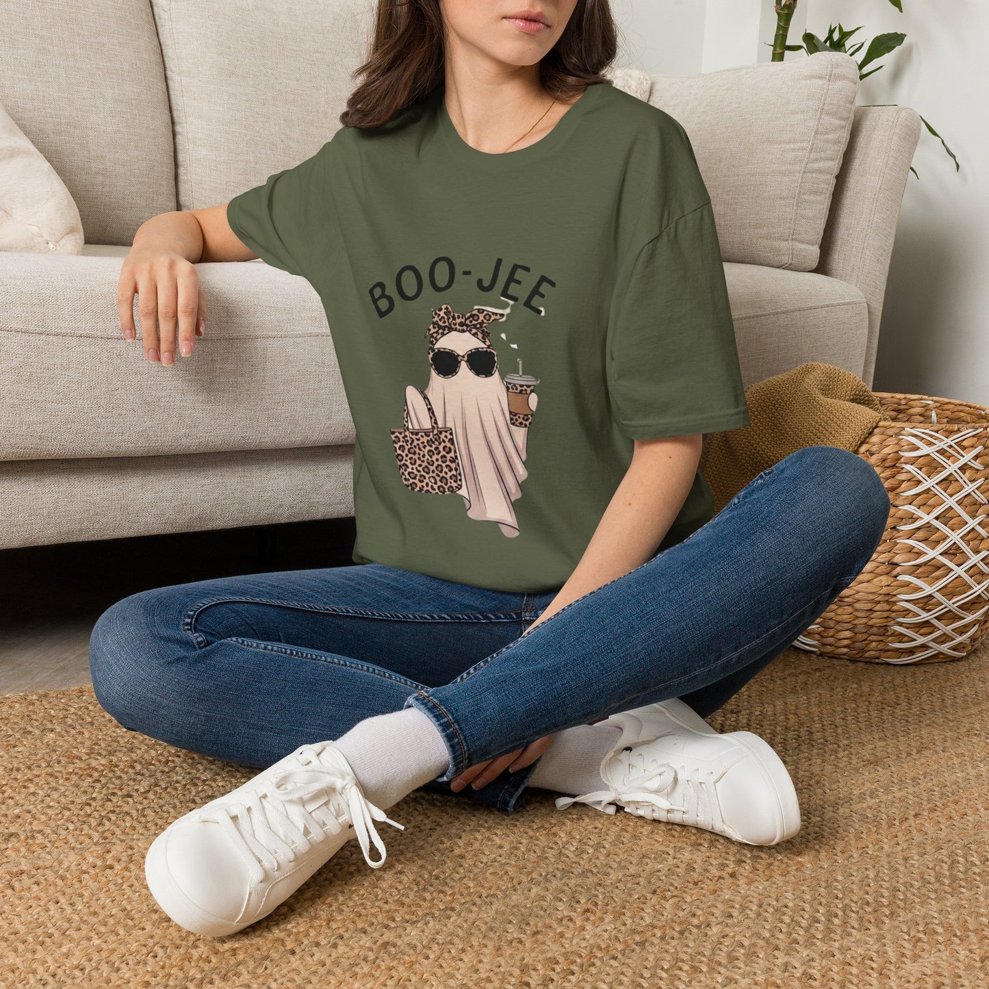 Boo-Jee Graphic T-Shirt — Cute Ghost with Leopard Headband & Sunglasses