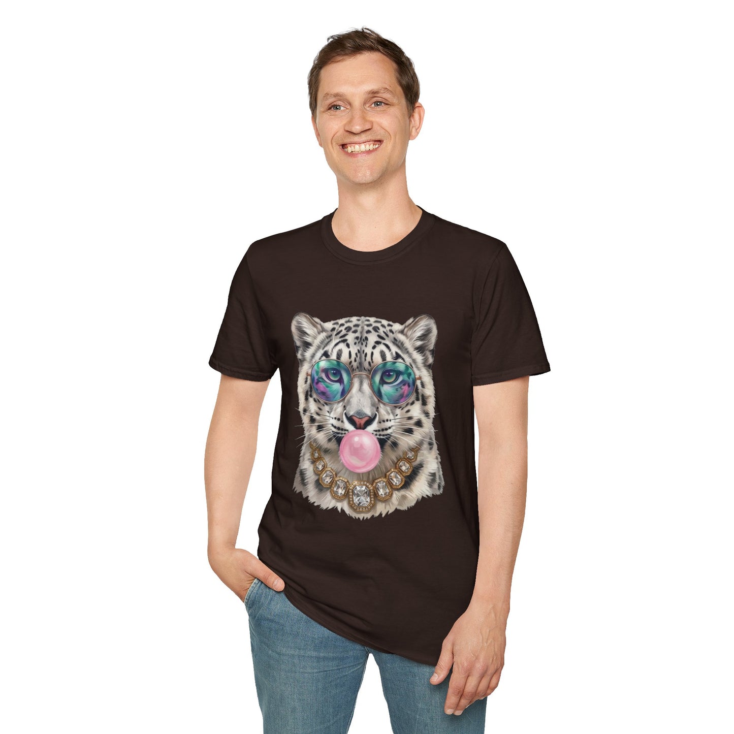 Snow Leopard Sunglasses T-Shirt — Cool Cat Bubblegum Graphic Tee