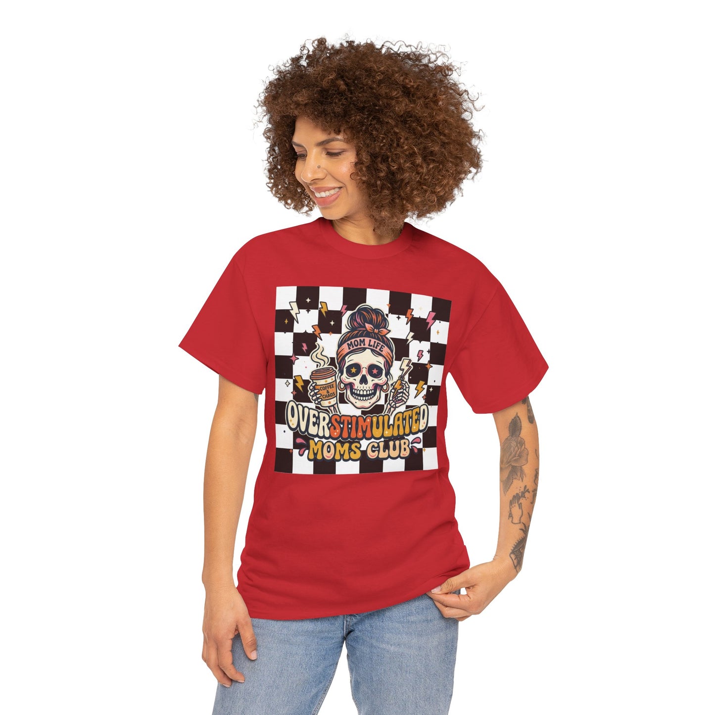 Overstimulated Moms Club T-Shirt — Checker Skull Mom Graphic Tee