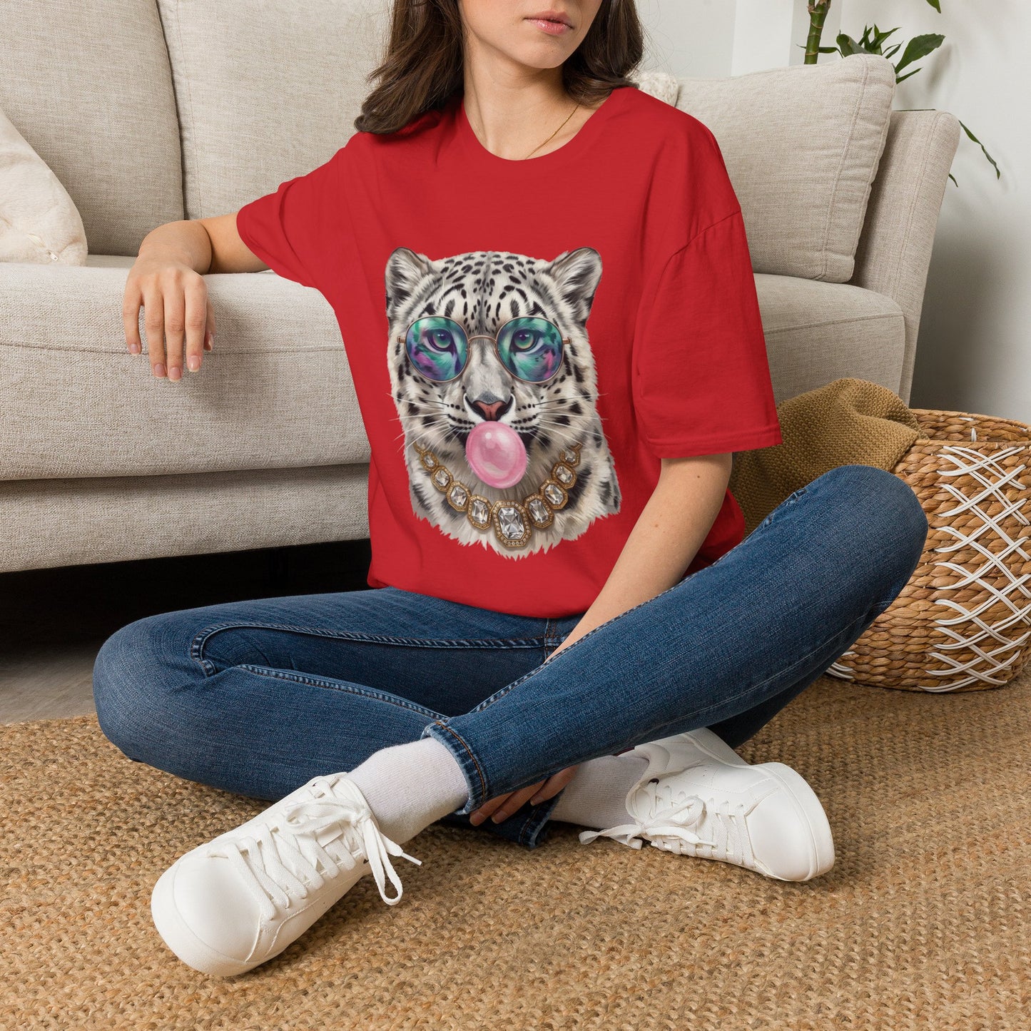 Snow Leopard Sunglasses T-Shirt — Cool Cat Bubblegum Graphic Tee