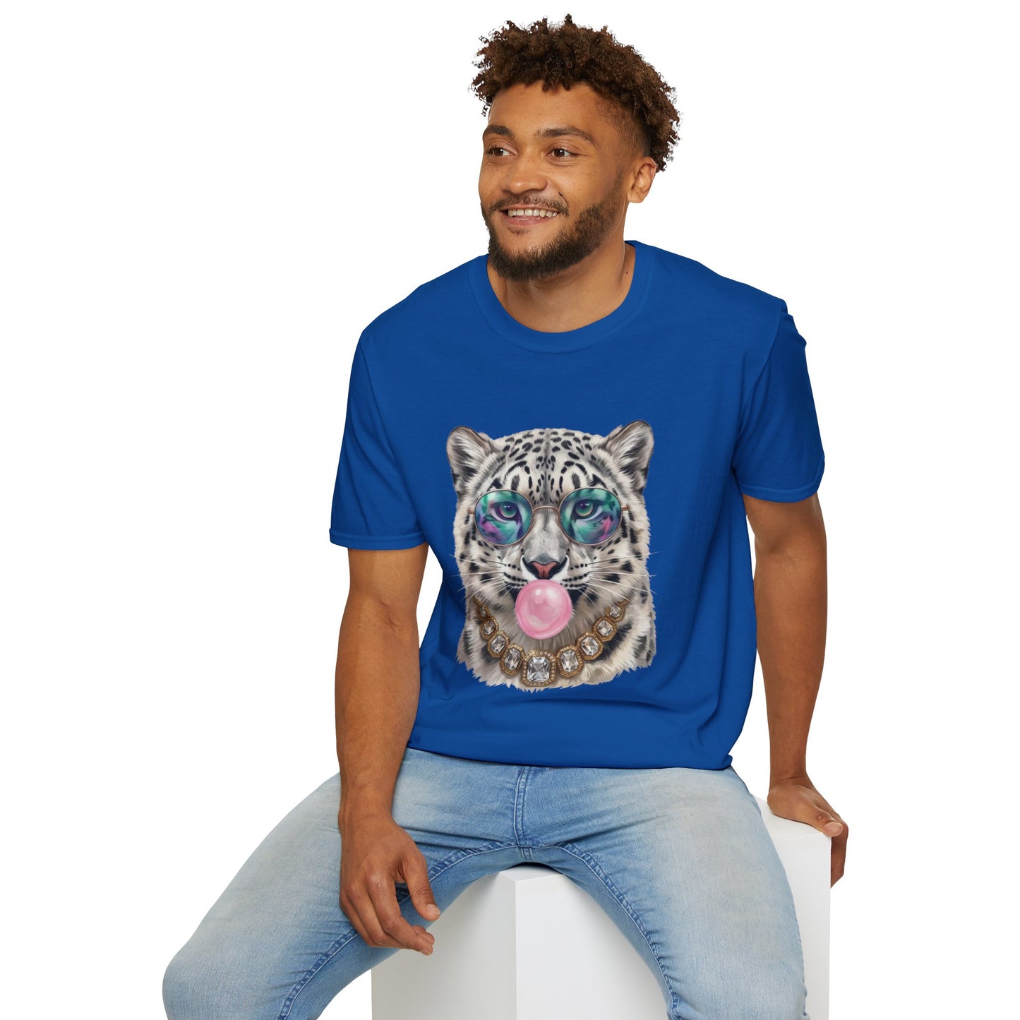 Snow Leopard Sunglasses T-Shirt — Cool Cat Bubblegum Graphic Tee