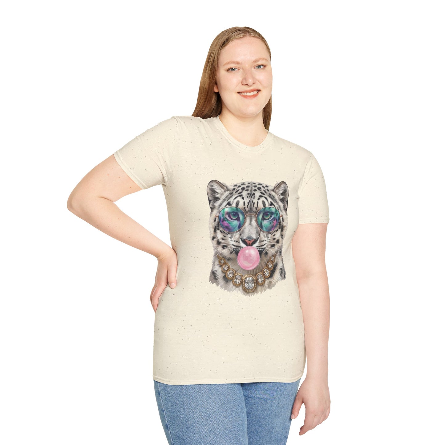 Snow Leopard Sunglasses T-Shirt — Cool Cat Bubblegum Graphic Tee