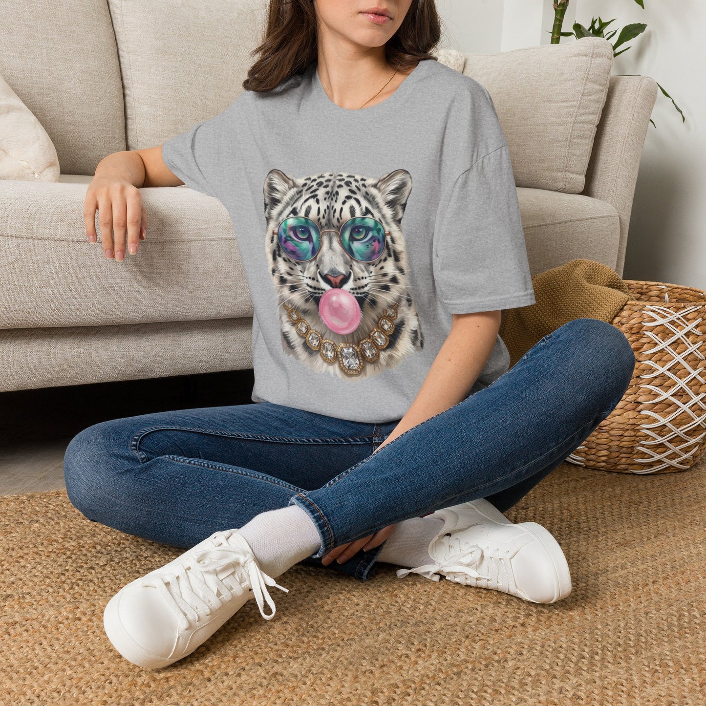 Snow Leopard Sunglasses T-Shirt — Cool Cat Bubblegum Graphic Tee