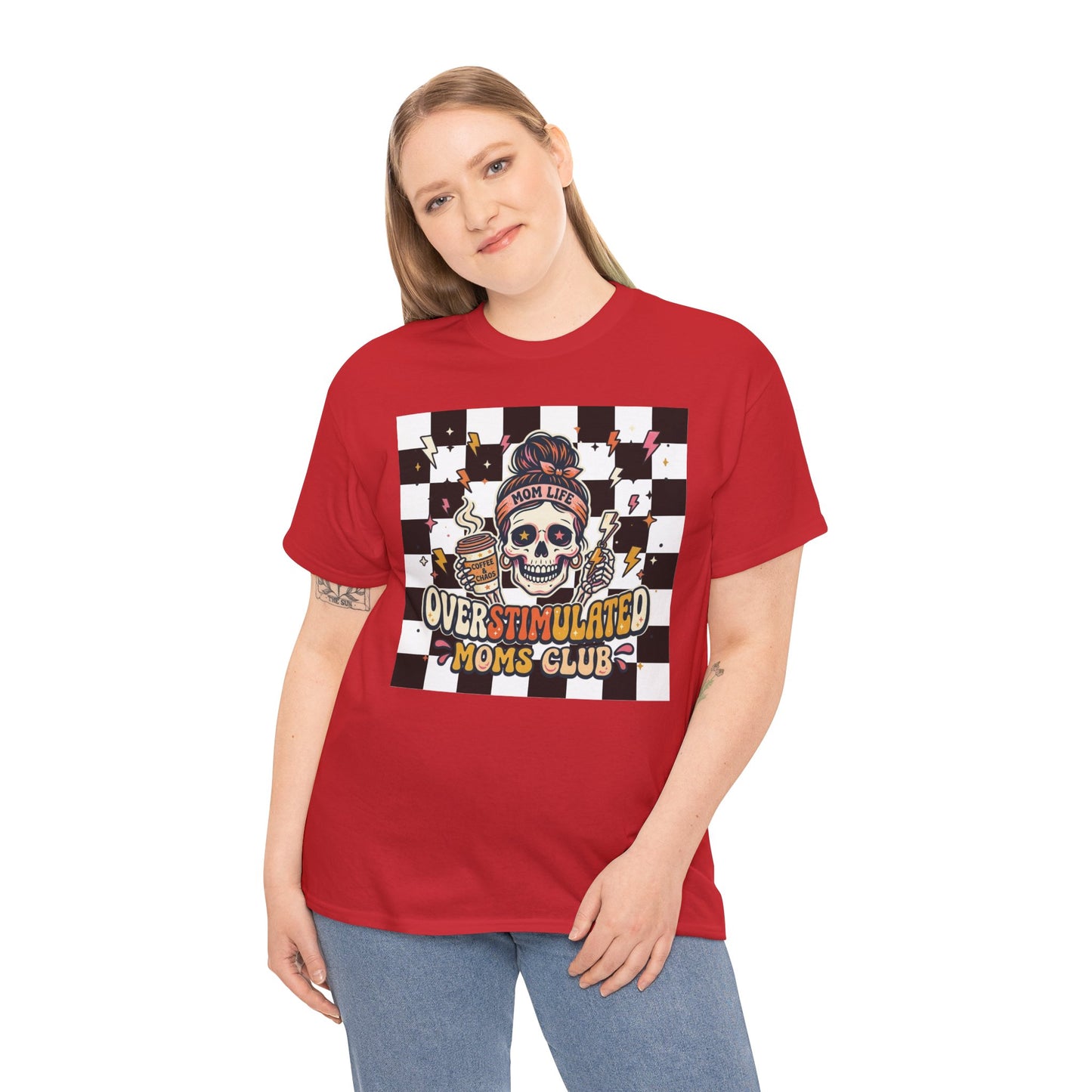 Overstimulated Moms Club T-Shirt — Checker Skull Mom Graphic Tee