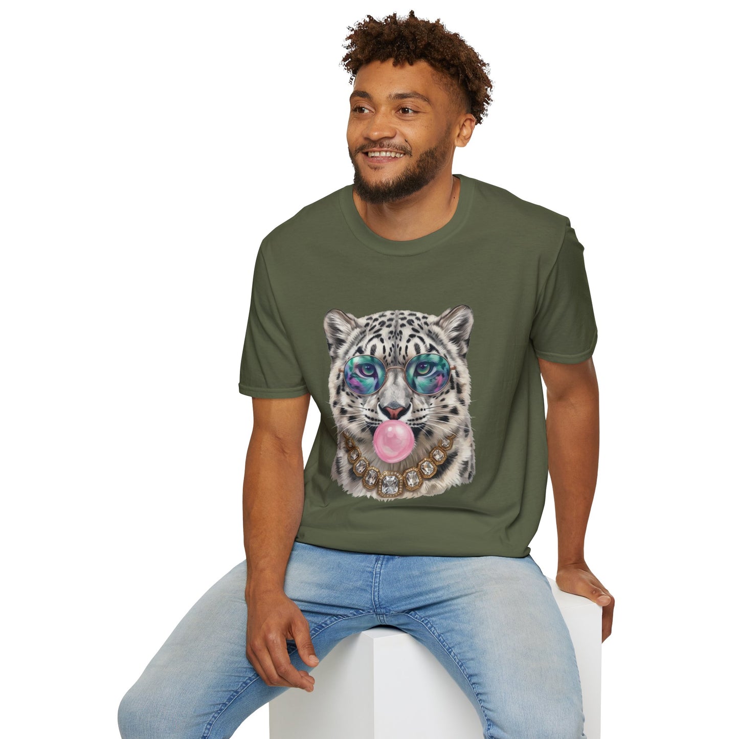 Snow Leopard Sunglasses T-Shirt — Cool Cat Bubblegum Graphic Tee