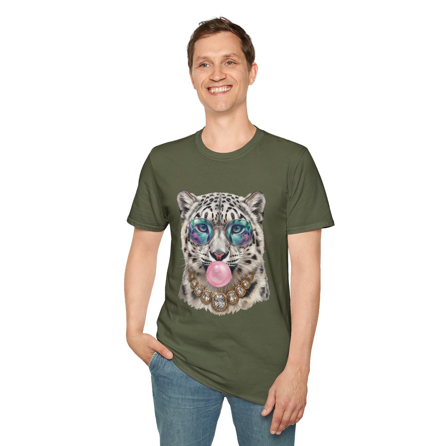 Snow Leopard Sunglasses T-Shirt — Cool Cat Bubblegum Graphic Tee