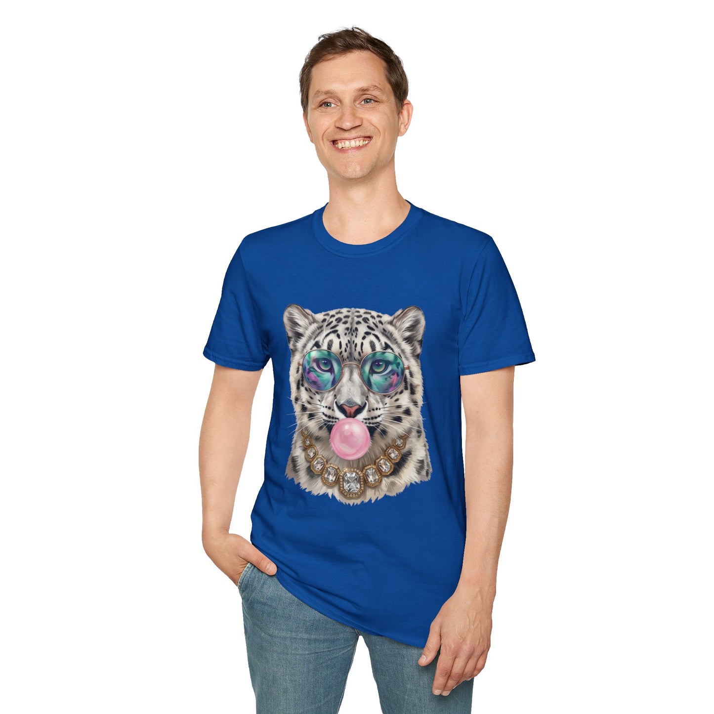 Snow Leopard Sunglasses T-Shirt — Cool Cat Bubblegum Graphic Tee