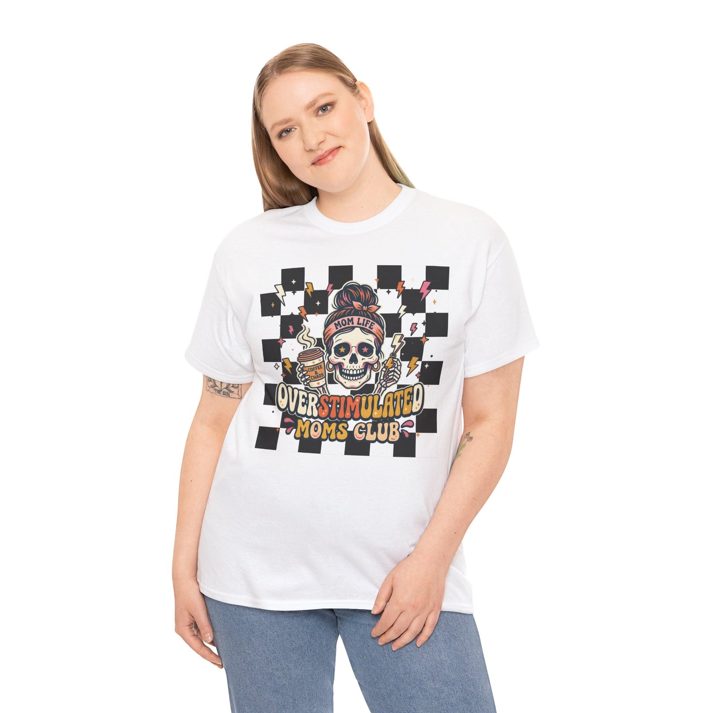 Overstimulated Moms Club T-Shirt — Checker Skull Mom Graphic Tee