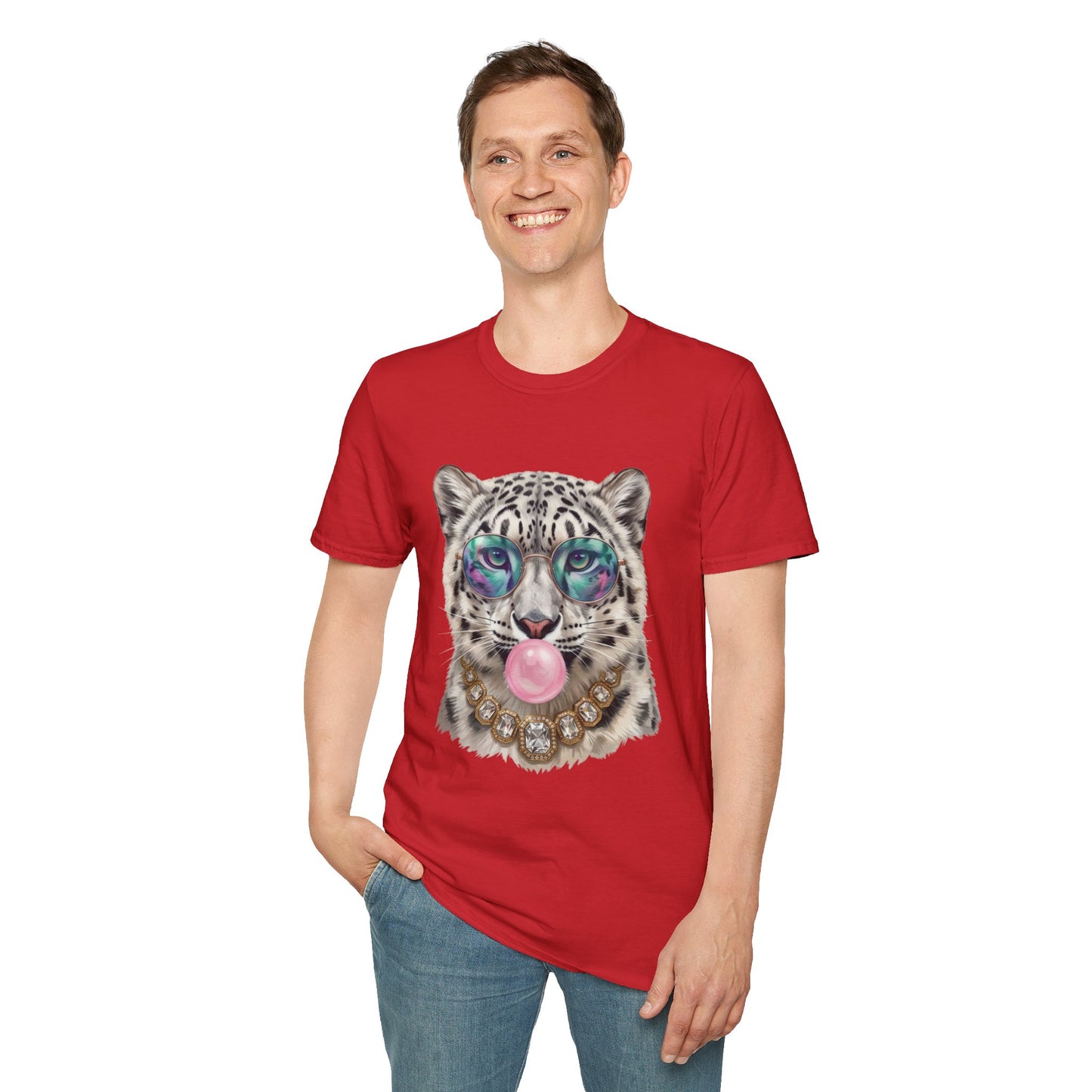 Snow Leopard Sunglasses T-Shirt — Cool Cat Bubblegum Graphic Tee