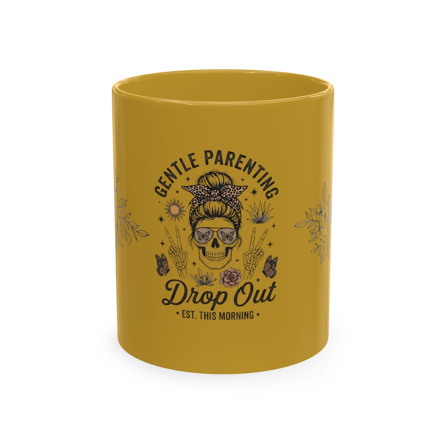 Gentle Parenting 'Drop Out' Ceramic Mug — Funny Skull Floral Coffee Cup
