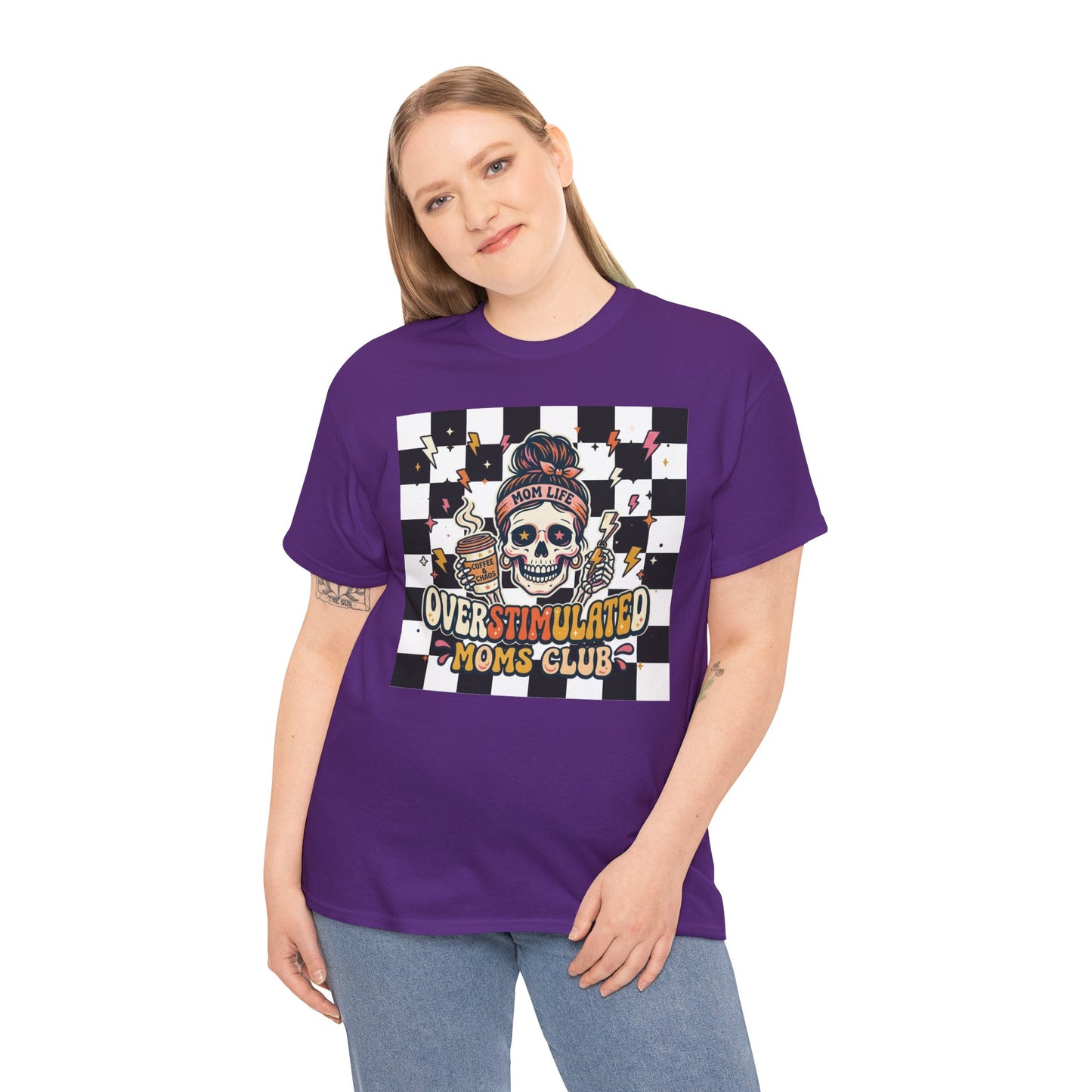 Overstimulated Moms Club T-Shirt — Checker Skull Mom Graphic Tee