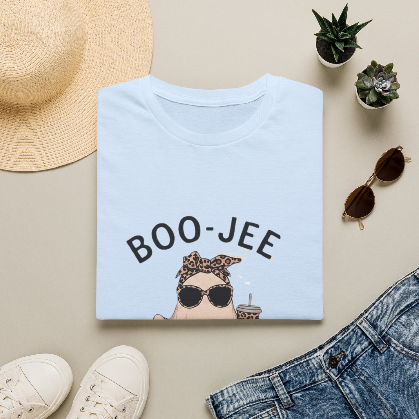 Boo-Jee Graphic T-Shirt — Cute Ghost with Leopard Headband & Sunglasses