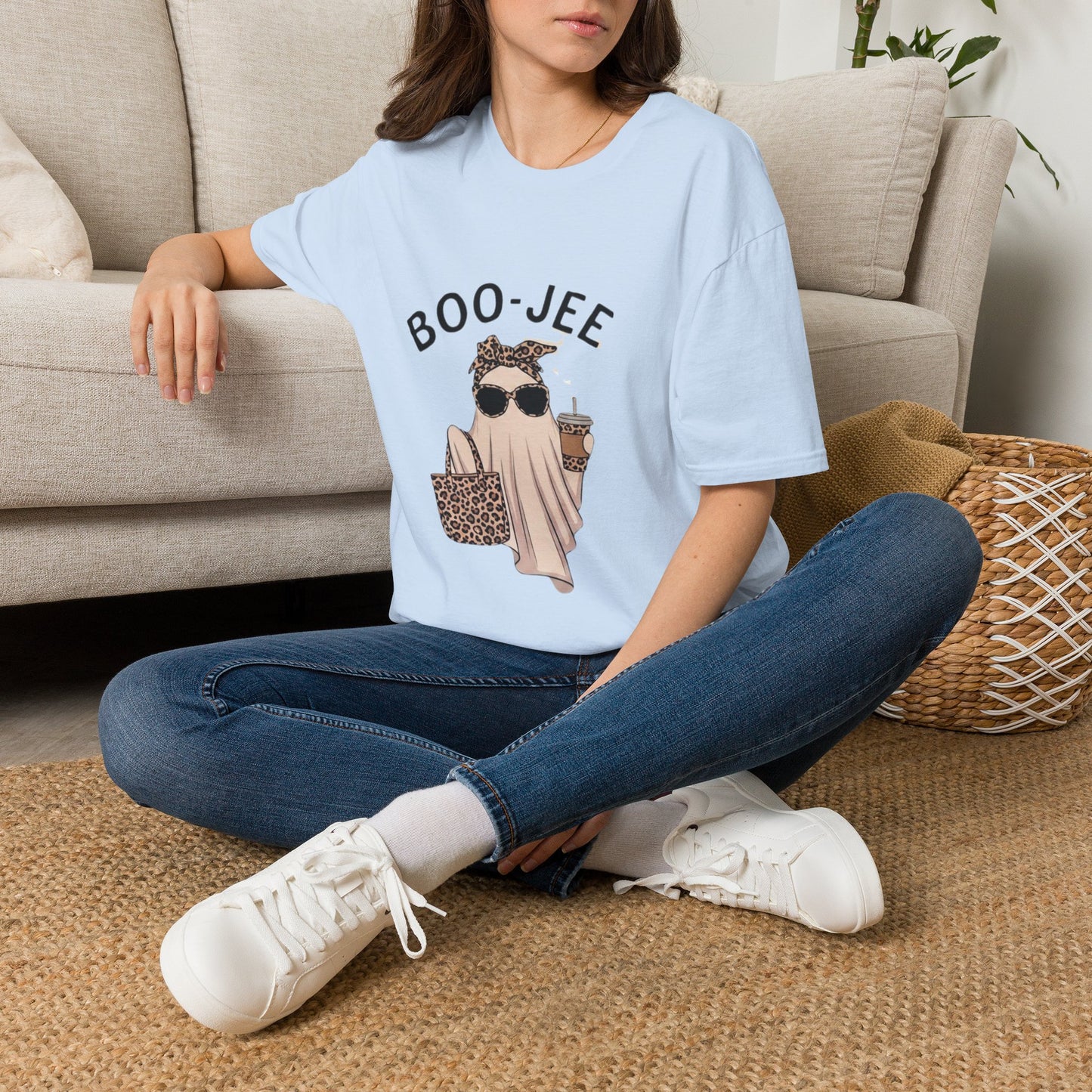 Boo-Jee Graphic T-Shirt — Cute Ghost with Leopard Headband & Sunglasses