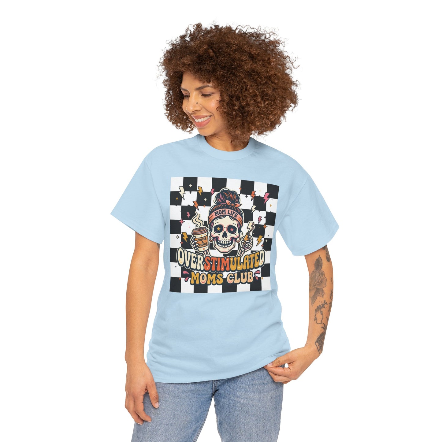 Overstimulated Moms Club T-Shirt — Checker Skull Mom Graphic Tee