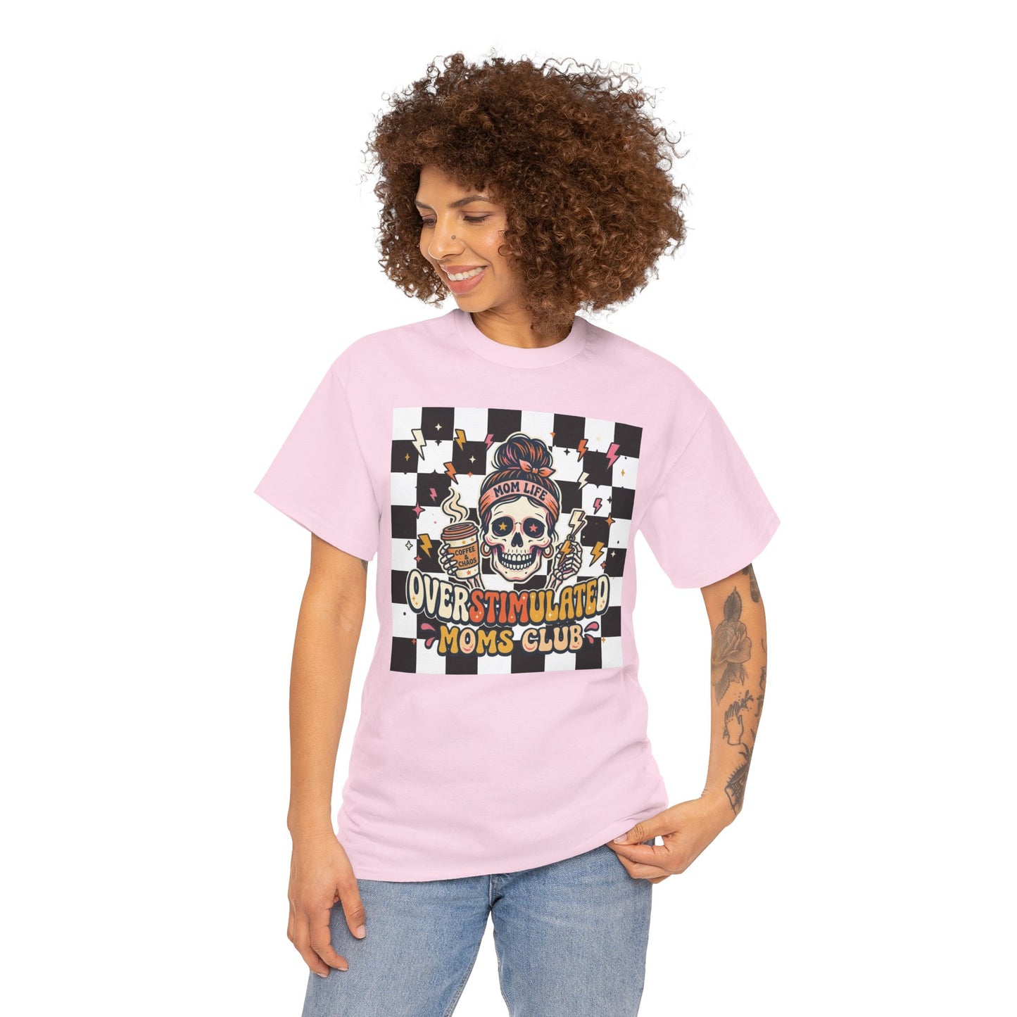 Overstimulated Moms Club T-Shirt — Checker Skull Mom Graphic Tee