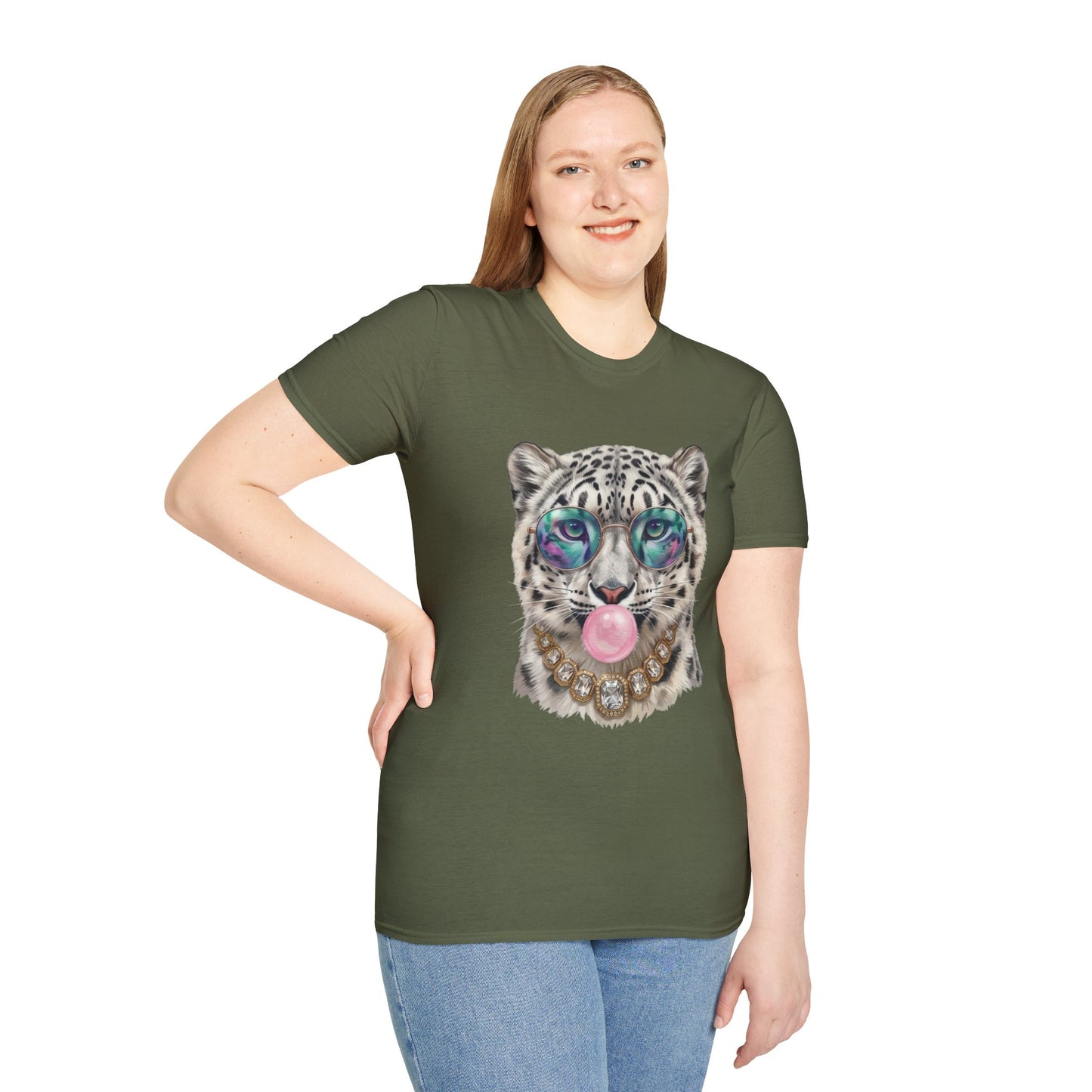 Snow Leopard Sunglasses T-Shirt — Cool Cat Bubblegum Graphic Tee