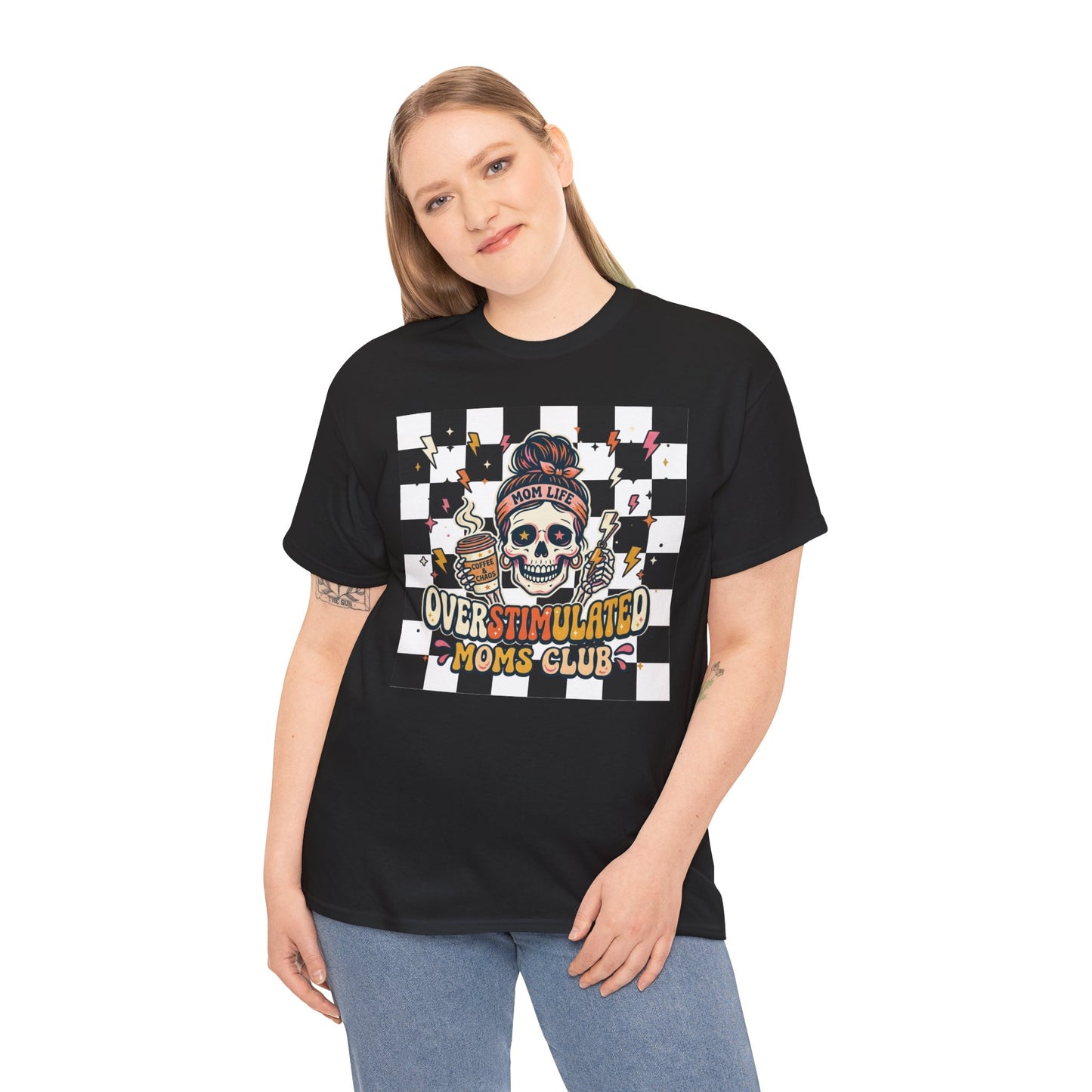 Overstimulated Moms Club T-Shirt — Checker Skull Mom Graphic Tee