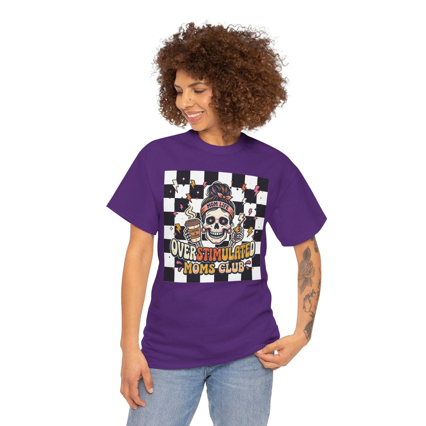 Overstimulated Moms Club T-Shirt — Checker Skull Mom Graphic Tee
