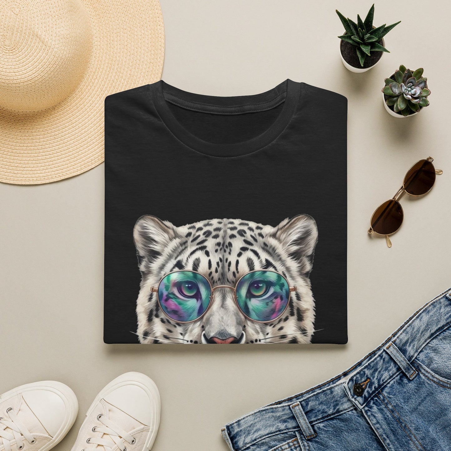 Snow Leopard Sunglasses T-Shirt — Cool Cat Bubblegum Graphic Tee