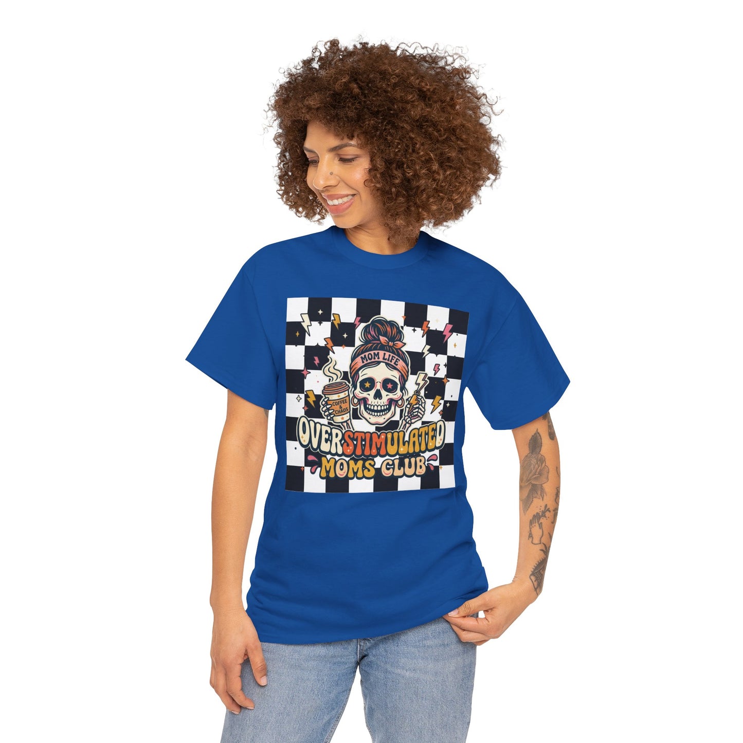 Overstimulated Moms Club T-Shirt — Checker Skull Mom Graphic Tee