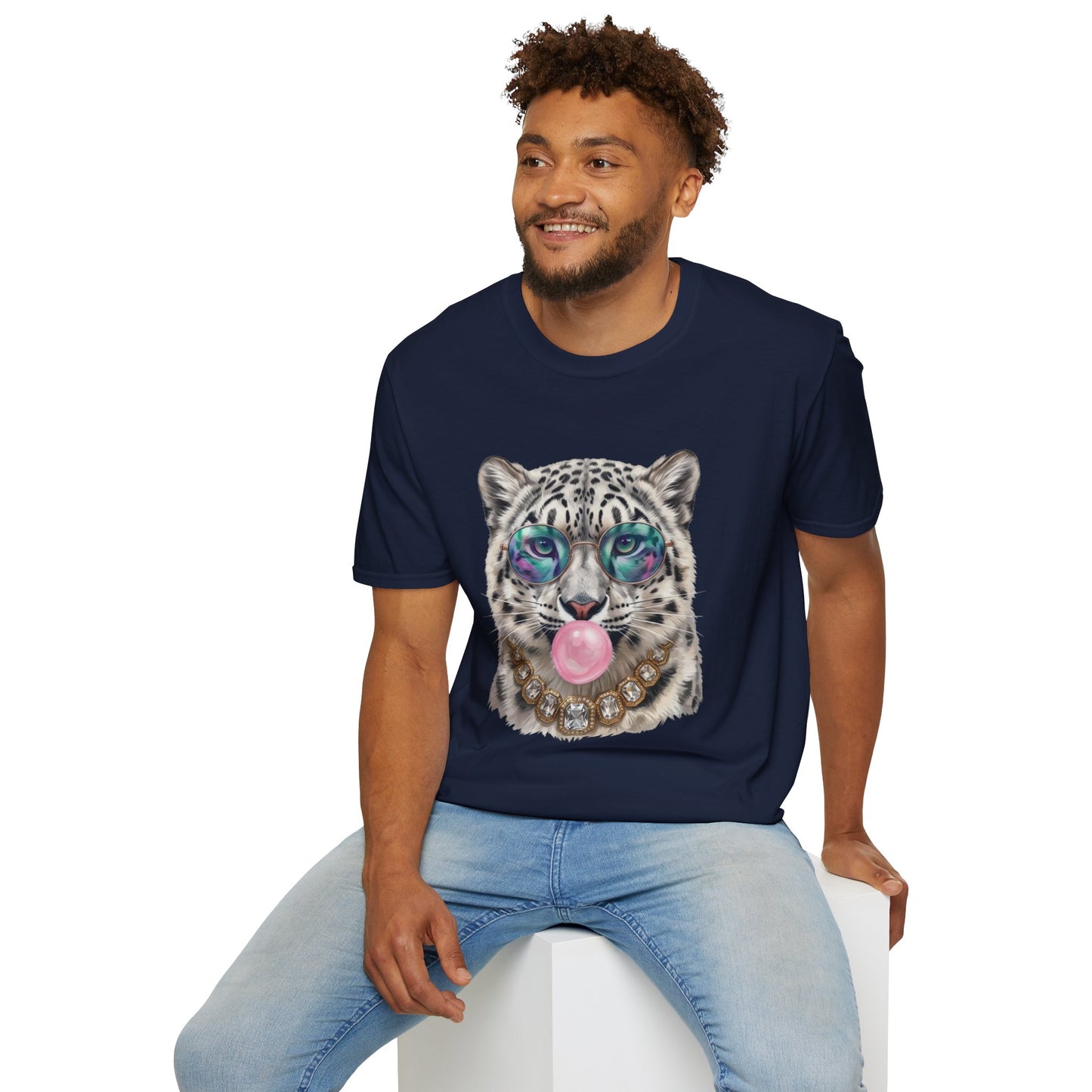 Snow Leopard Sunglasses T-Shirt — Cool Cat Bubblegum Graphic Tee
