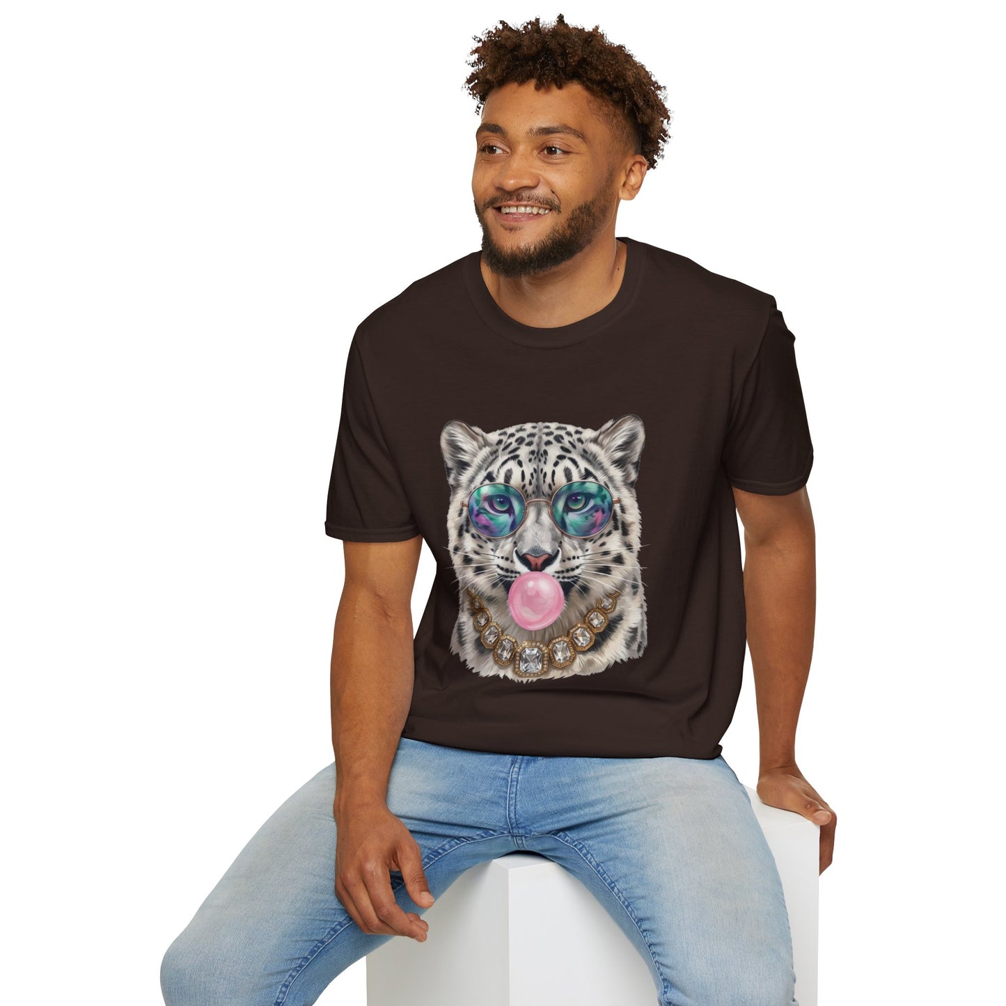 Snow Leopard Sunglasses T-Shirt — Cool Cat Bubblegum Graphic Tee