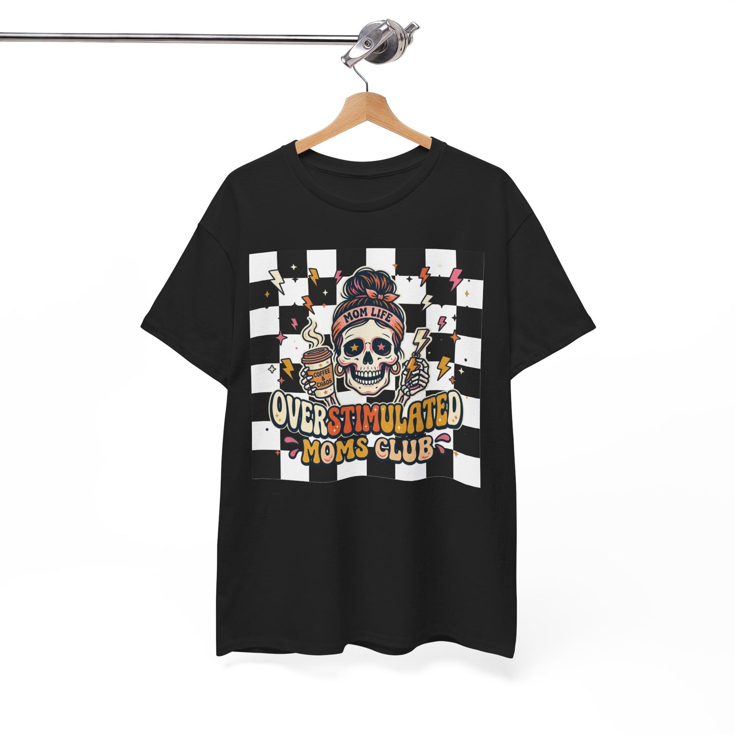 Overstimulated Moms Club T-Shirt — Checker Skull Mom Graphic Tee