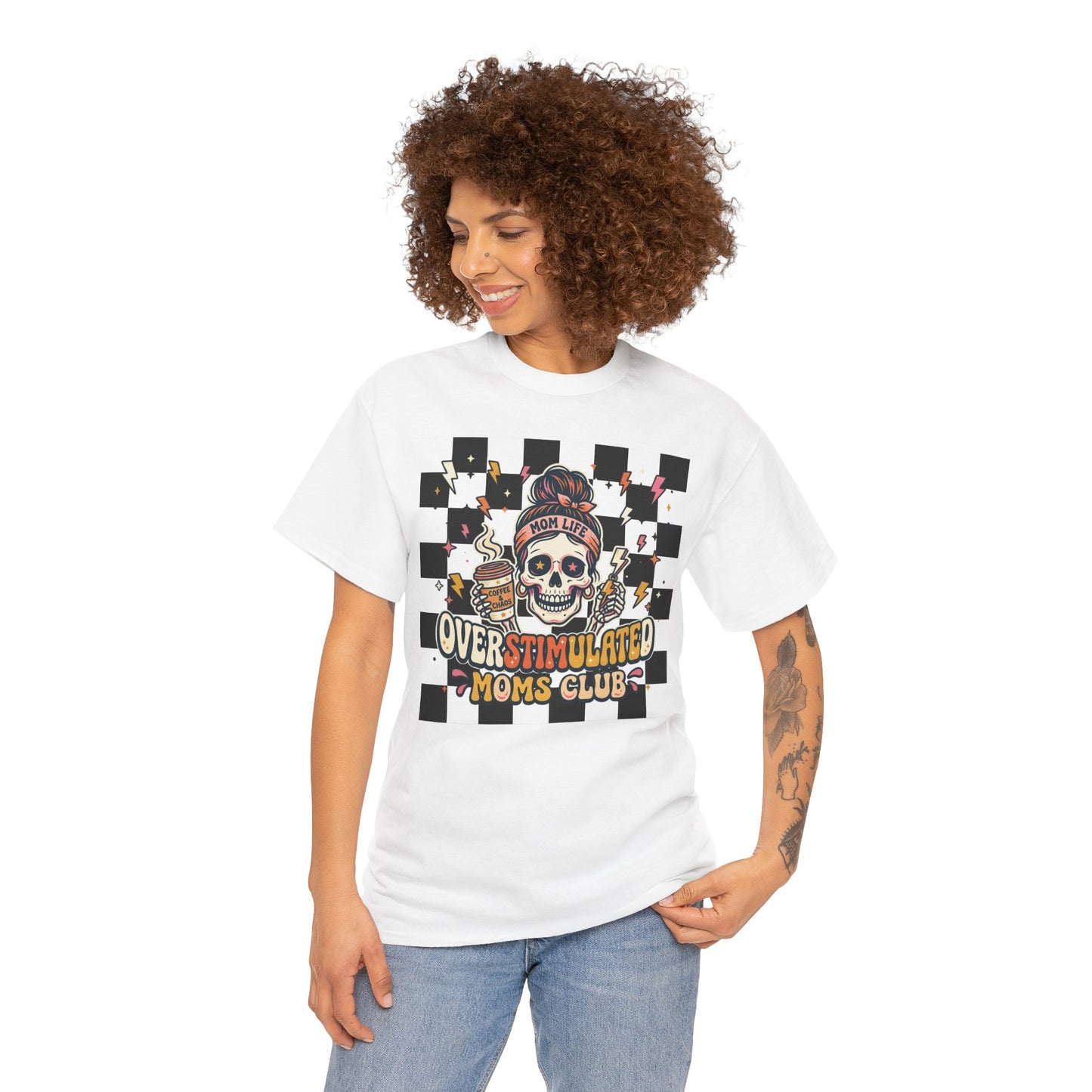 Overstimulated Moms Club T-Shirt — Checker Skull Mom Graphic Tee