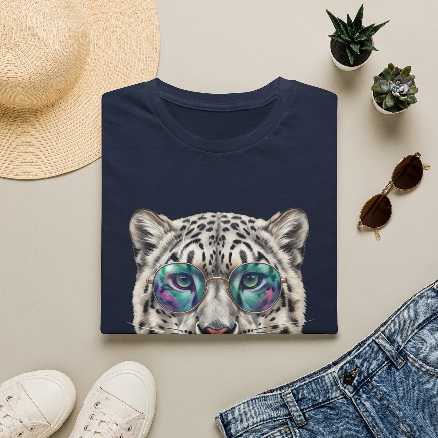 Snow Leopard Sunglasses T-Shirt — Cool Cat Bubblegum Graphic Tee
