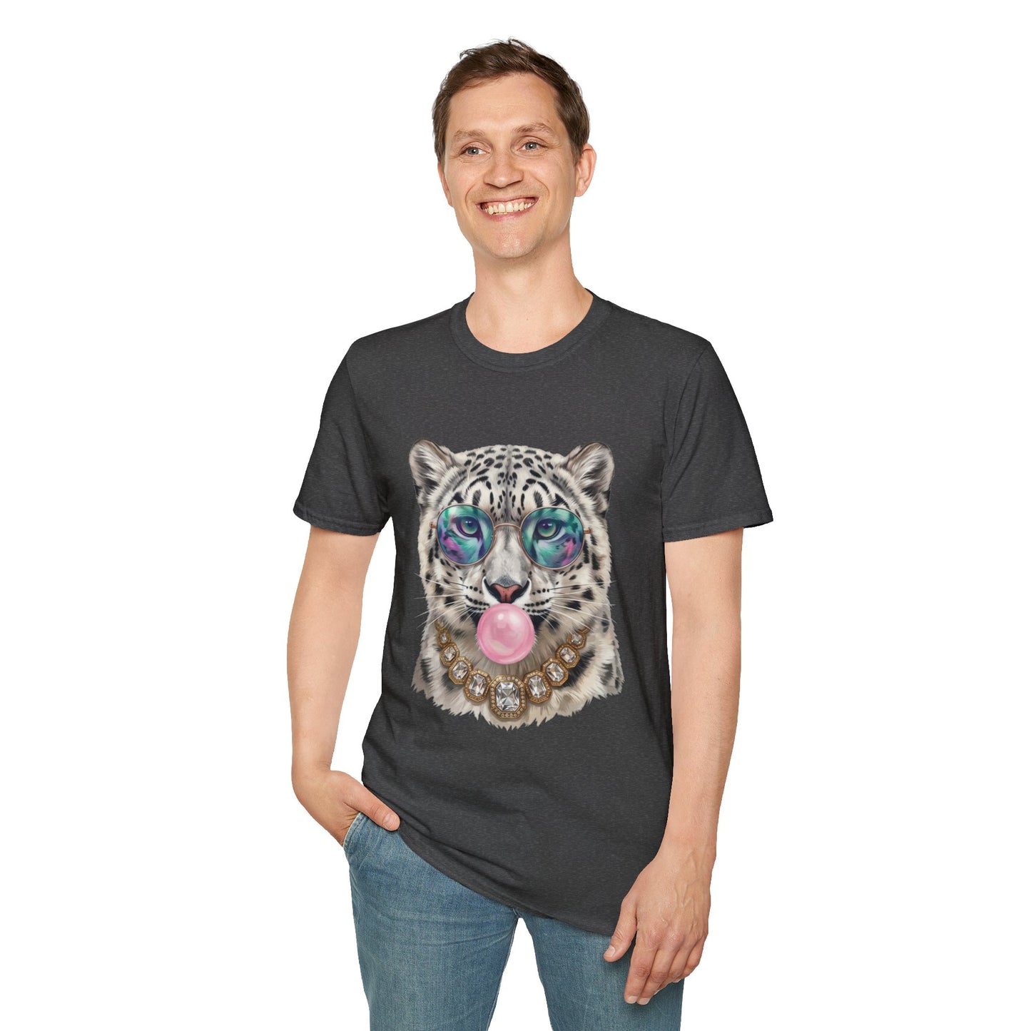 Snow Leopard Sunglasses T-Shirt — Cool Cat Bubblegum Graphic Tee