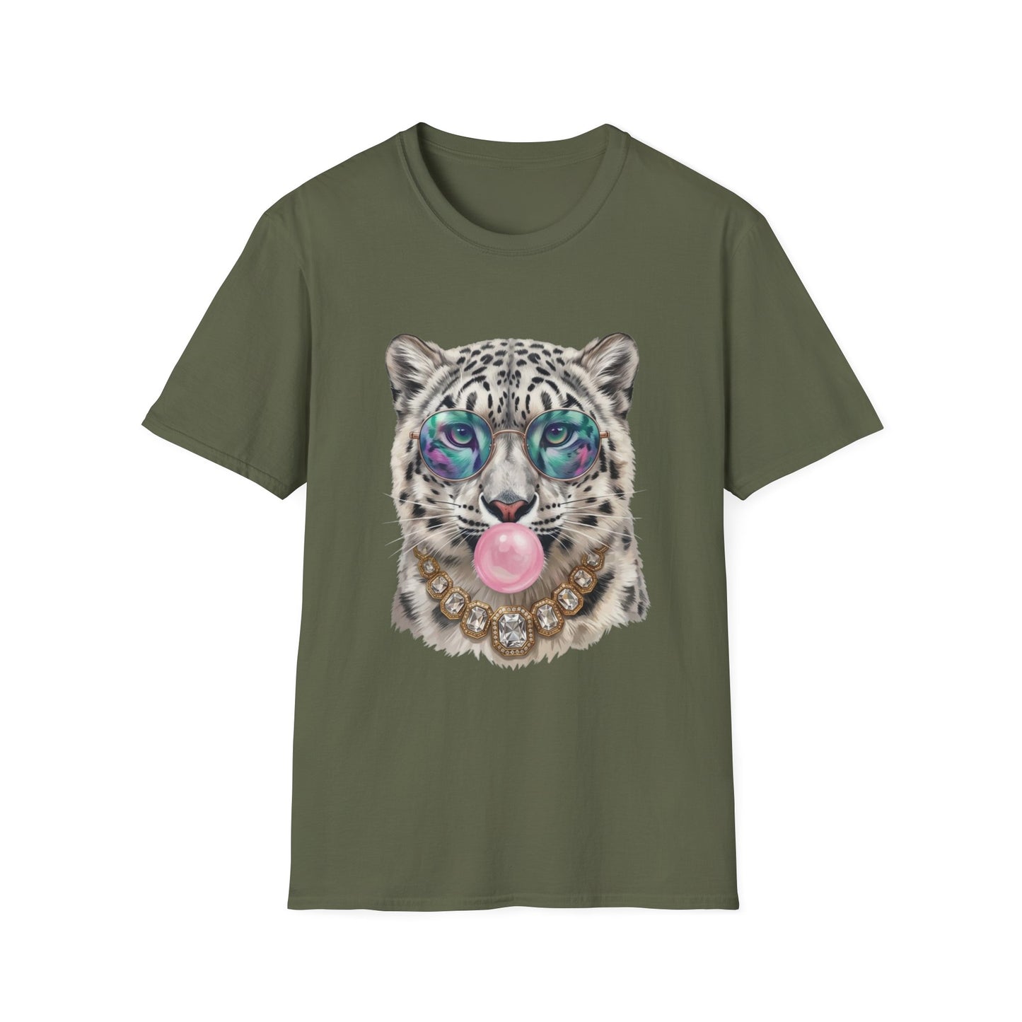 Snow Leopard Sunglasses T-Shirt — Cool Cat Bubblegum Graphic Tee