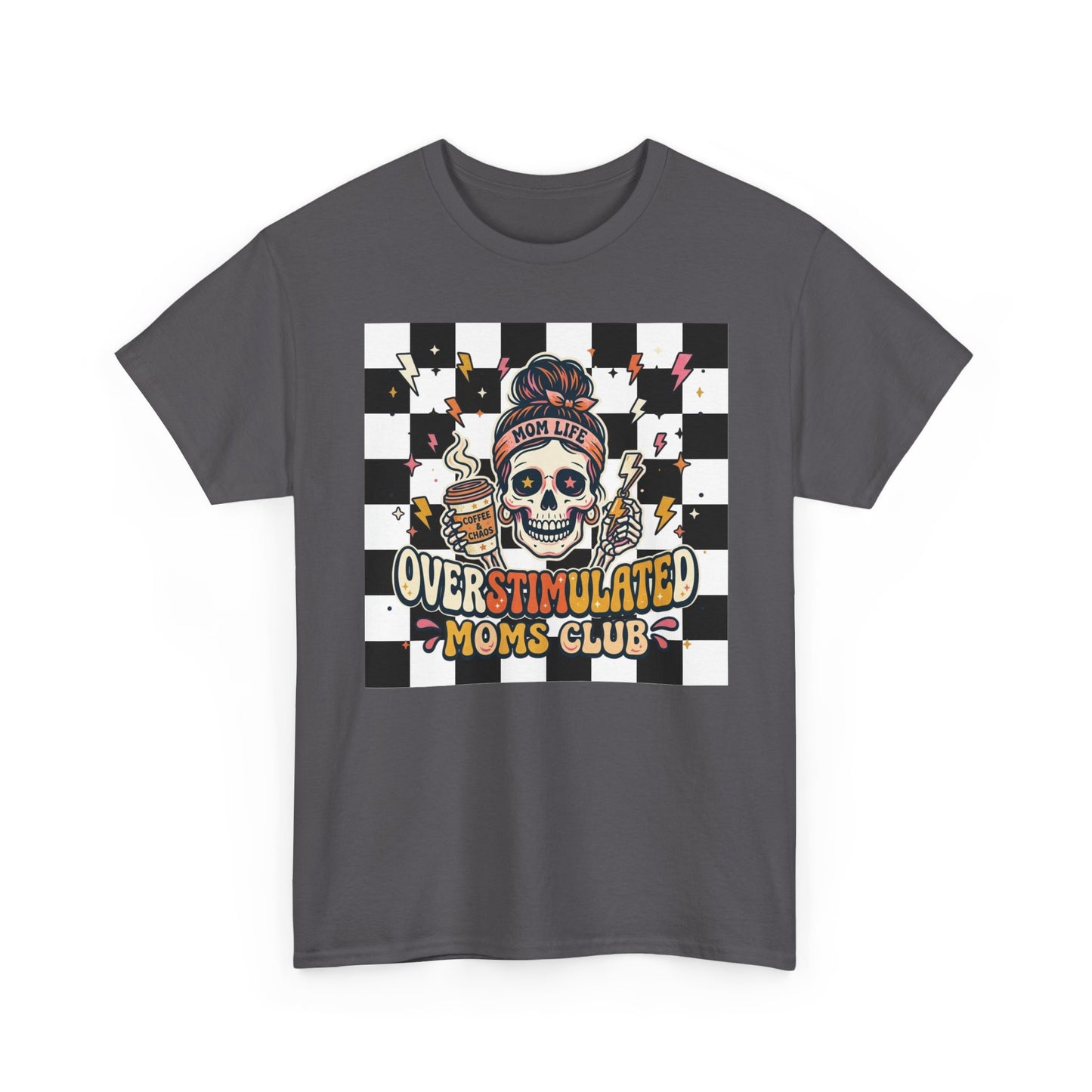 Overstimulated Moms Club T-Shirt — Checker Skull Mom Graphic Tee