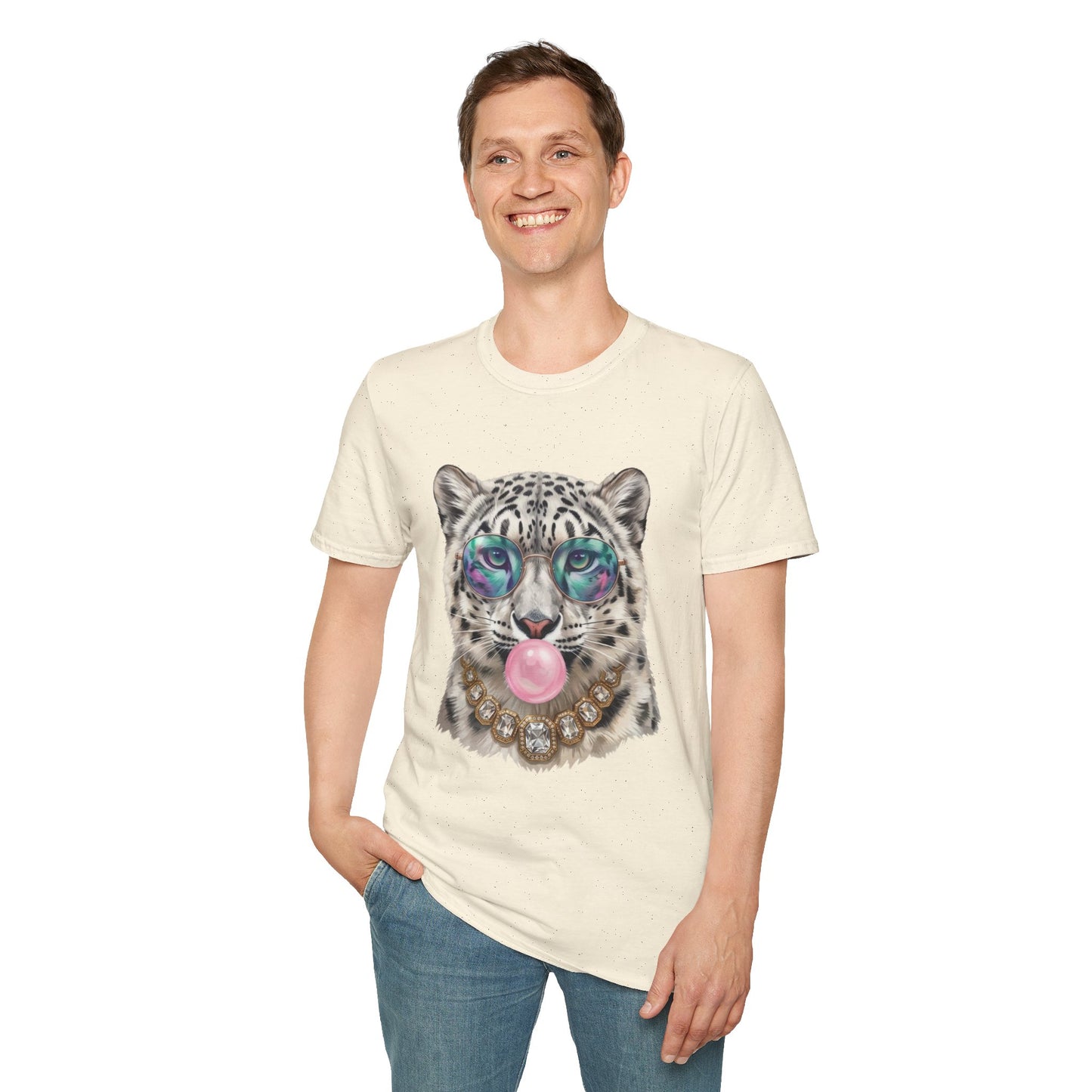 Snow Leopard Sunglasses T-Shirt — Cool Cat Bubblegum Graphic Tee