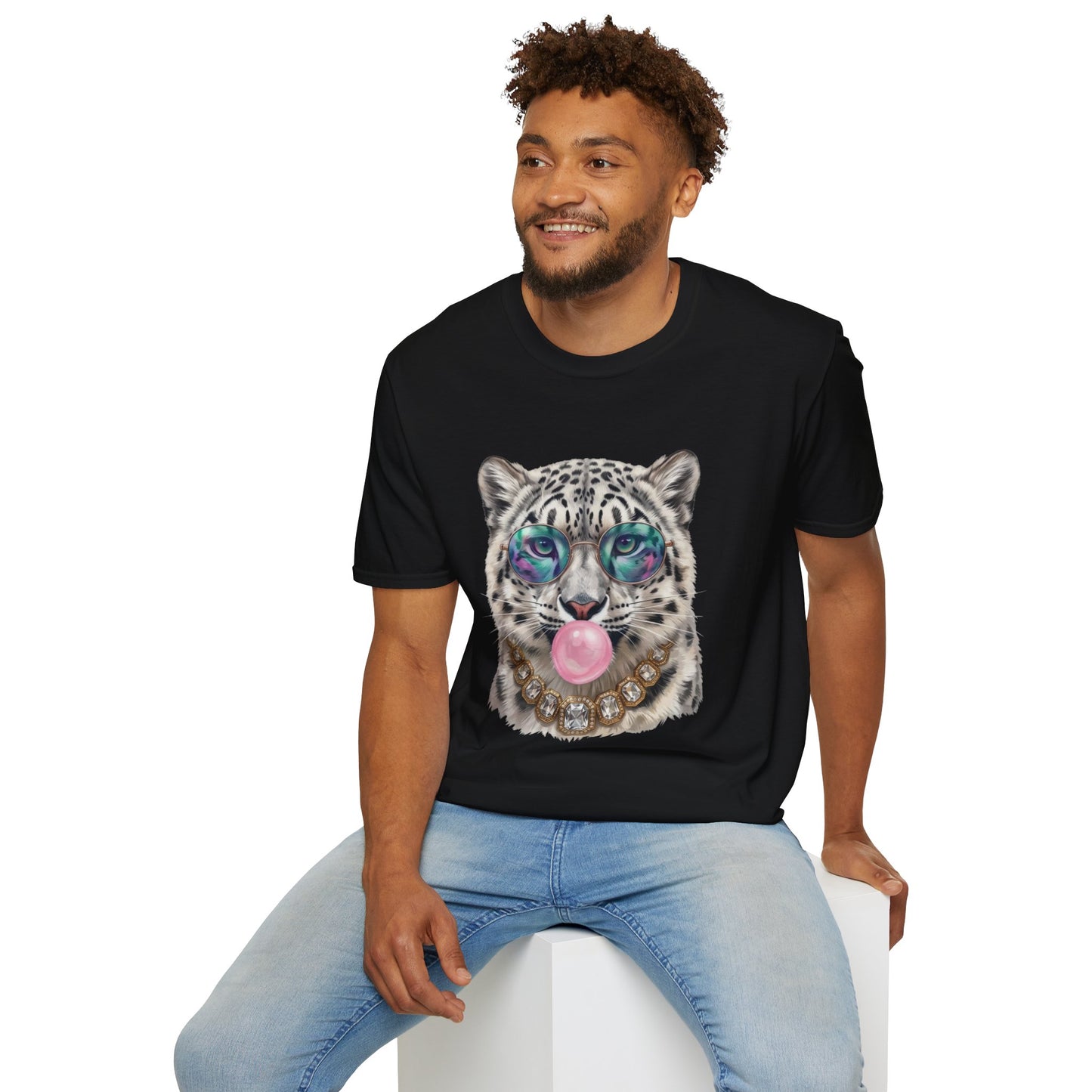 Snow Leopard Sunglasses T-Shirt — Cool Cat Bubblegum Graphic Tee
