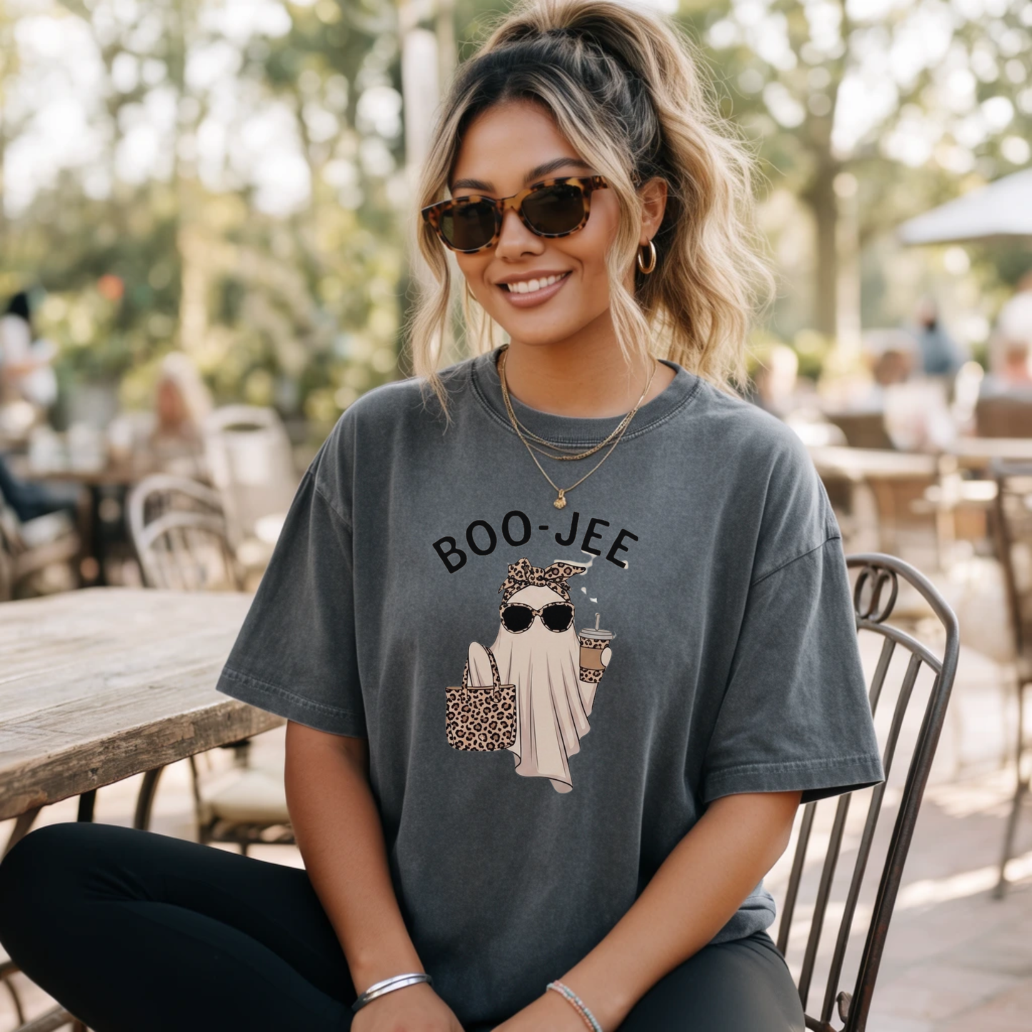 Boo-Jee Graphic T-Shirt — Cute Ghost with Leopard Headband & Sunglasses