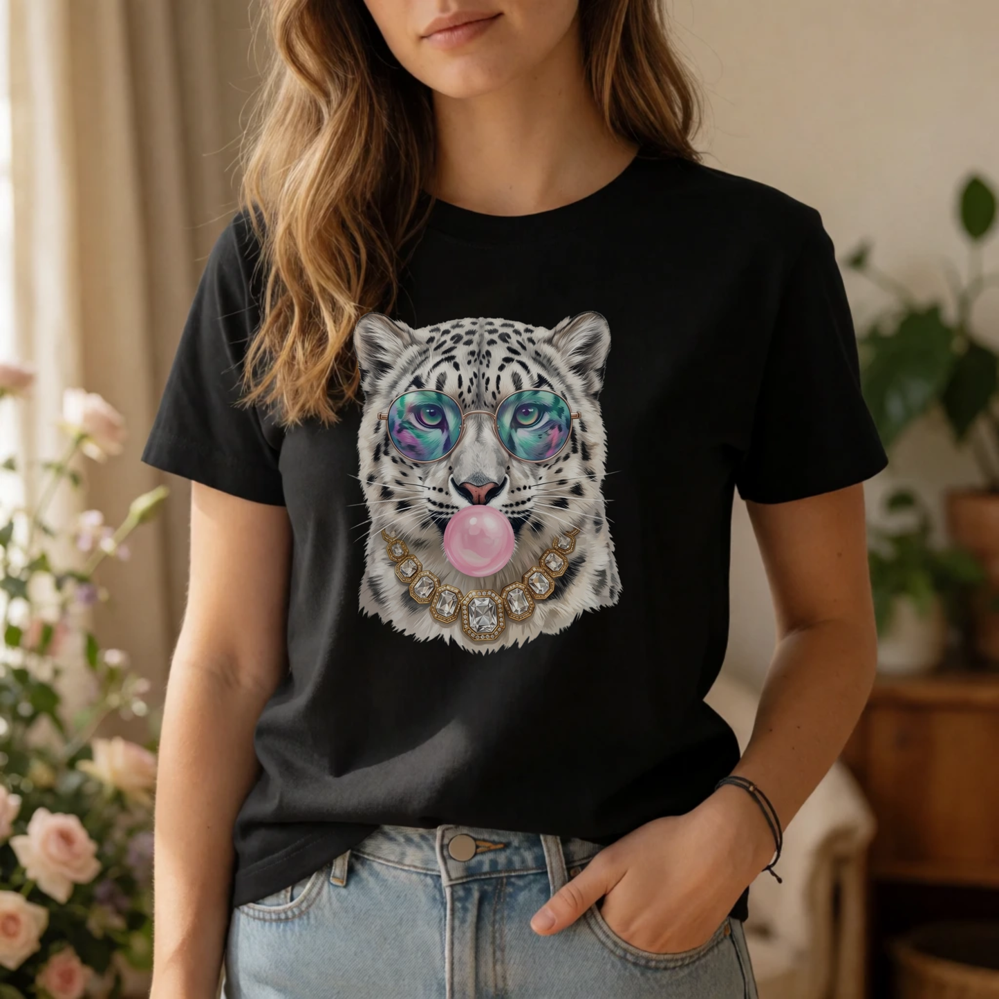 Snow Leopard Sunglasses T-Shirt — Cool Cat Bubblegum Graphic Tee