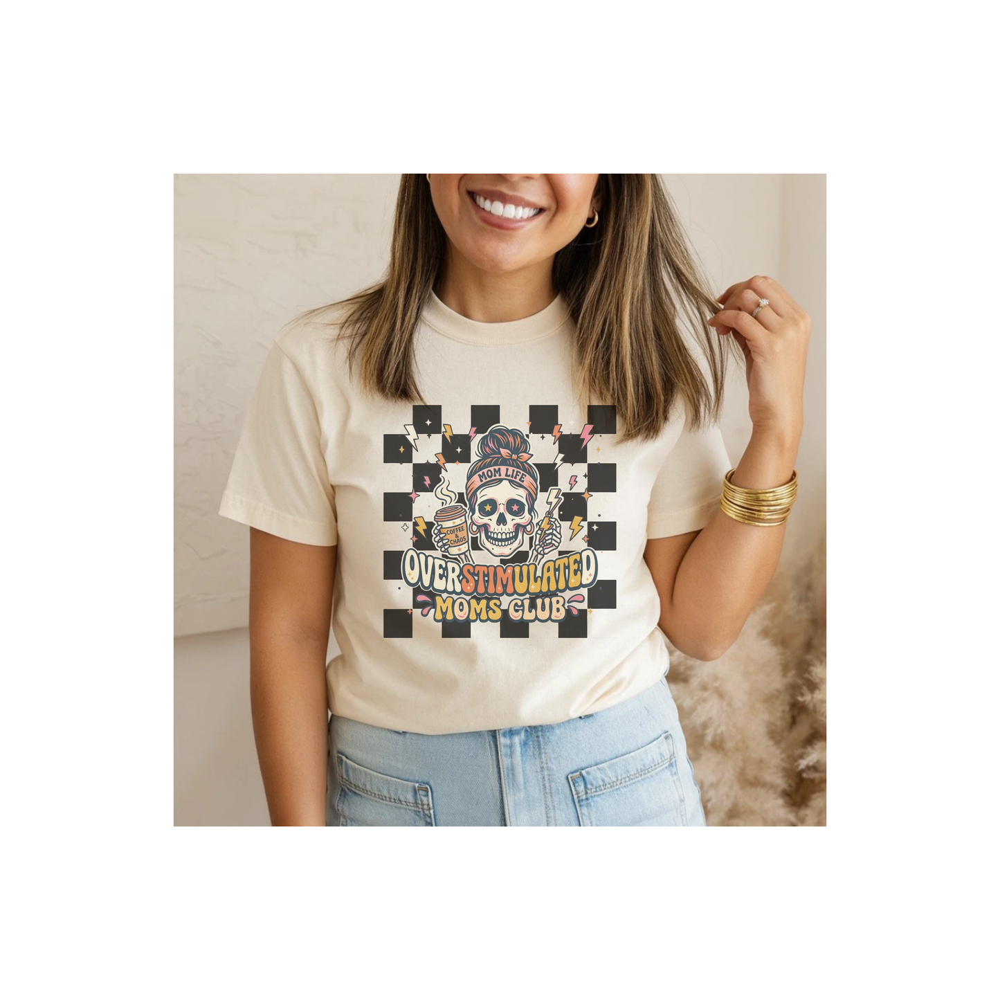 Overstimulated Moms Club T-Shirt — Checker Skull Mom Graphic Tee
