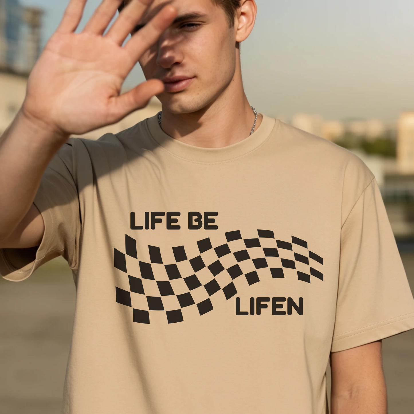 Life Be Lifen Checkered T‑Shirt — Retro Racing Graphic Tee
