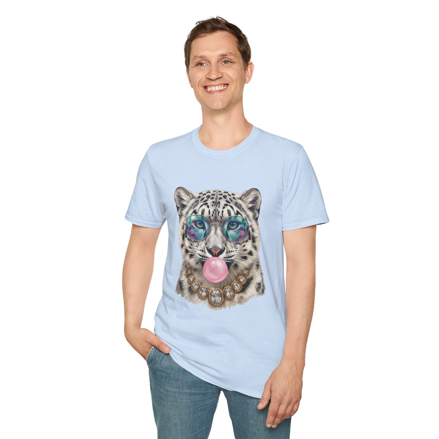 Snow Leopard Sunglasses T-Shirt — Cool Cat Bubblegum Graphic Tee