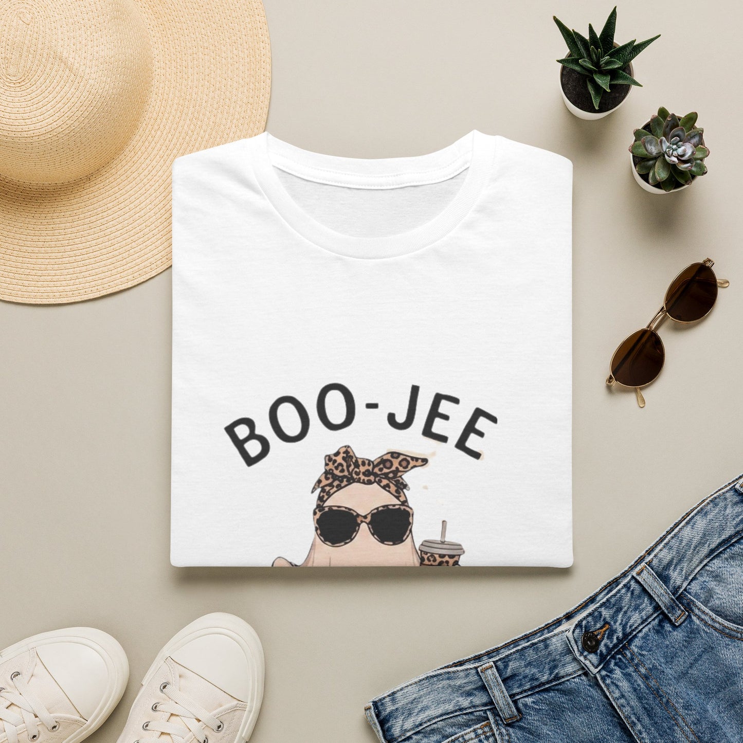 Boo-Jee Graphic T-Shirt — Cute Ghost with Leopard Headband & Sunglasses