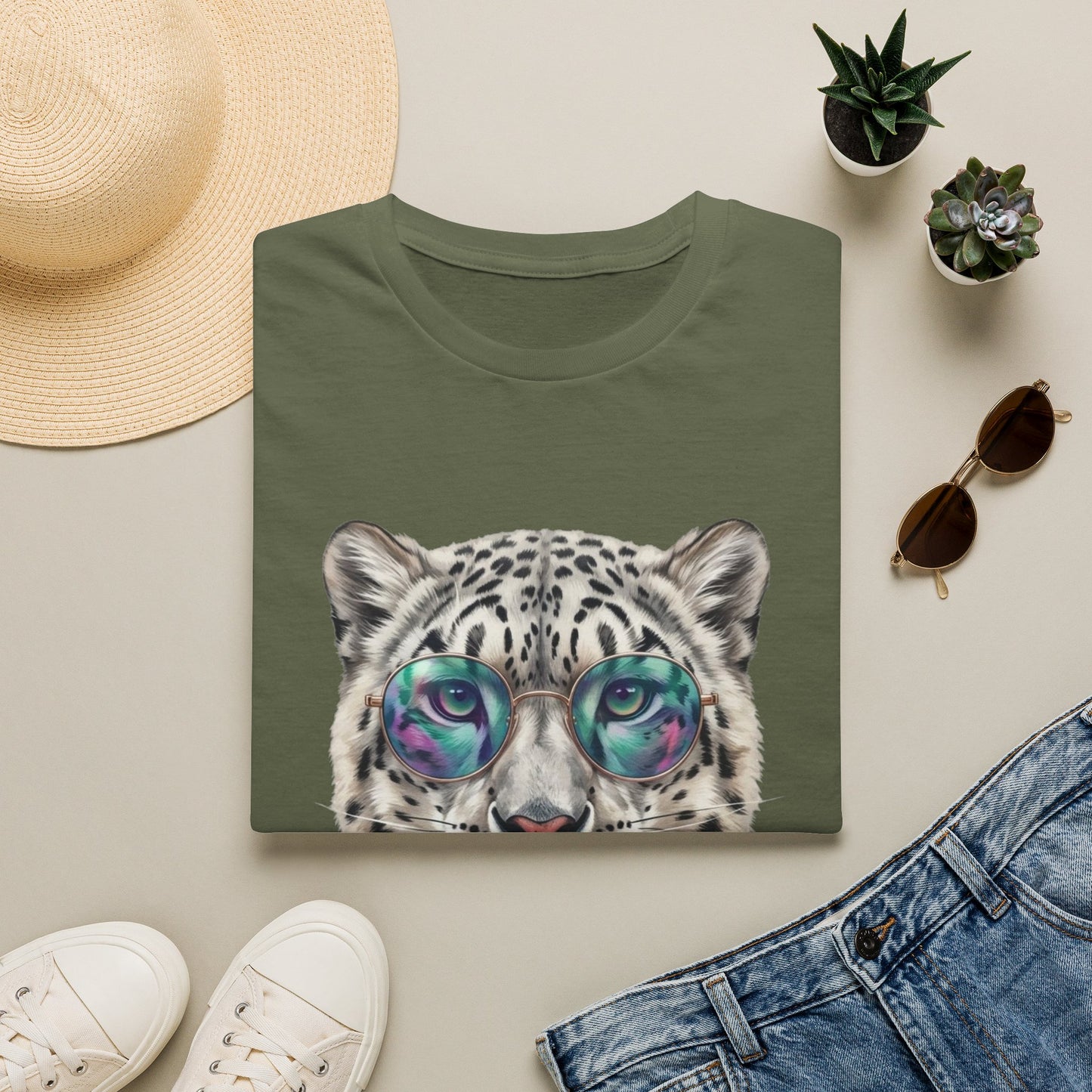 Snow Leopard Sunglasses T-Shirt — Cool Cat Bubblegum Graphic Tee