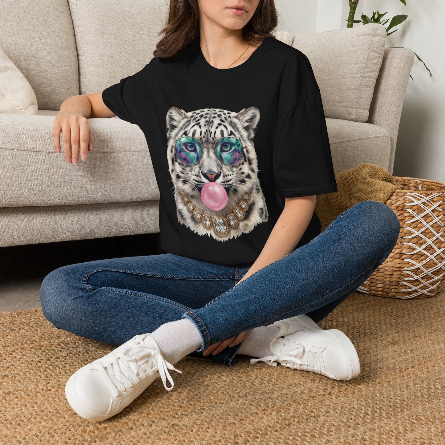 Snow Leopard Sunglasses T-Shirt — Cool Cat Bubblegum Graphic Tee