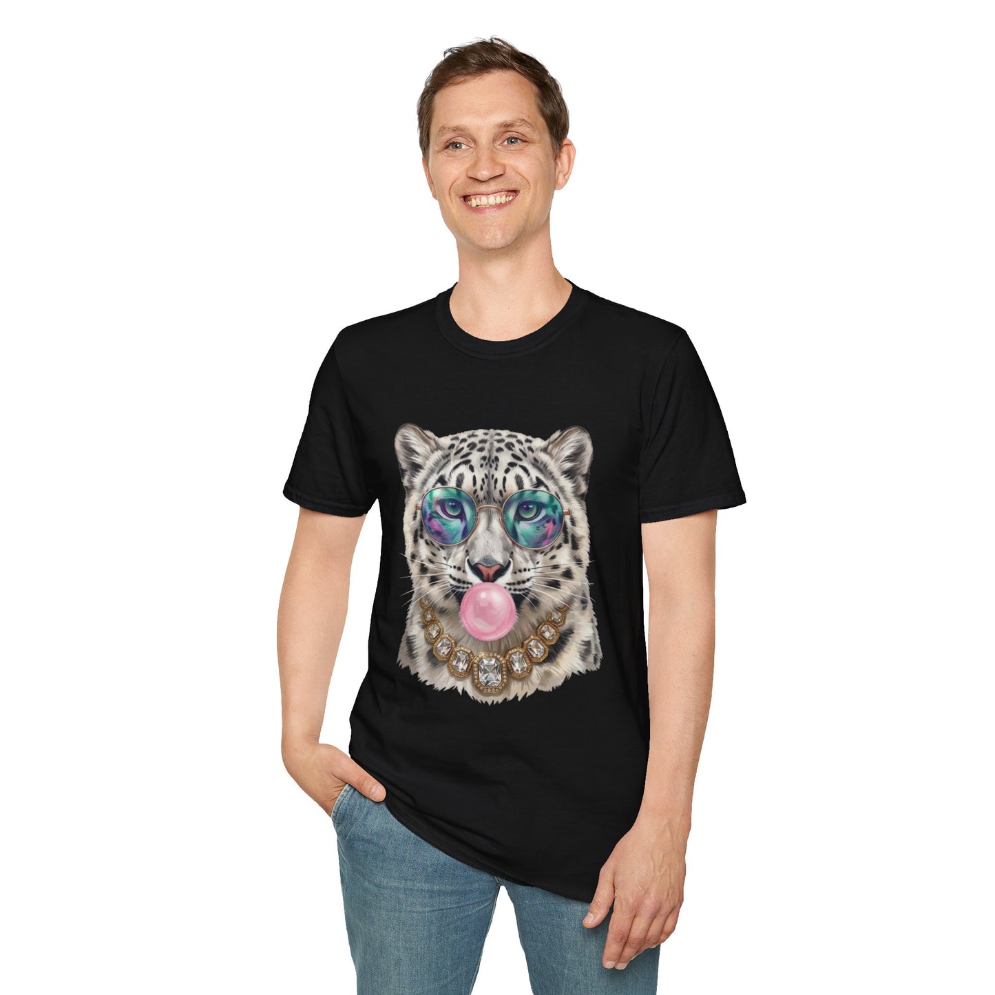 Snow Leopard Sunglasses T-Shirt — Cool Cat Bubblegum Graphic Tee