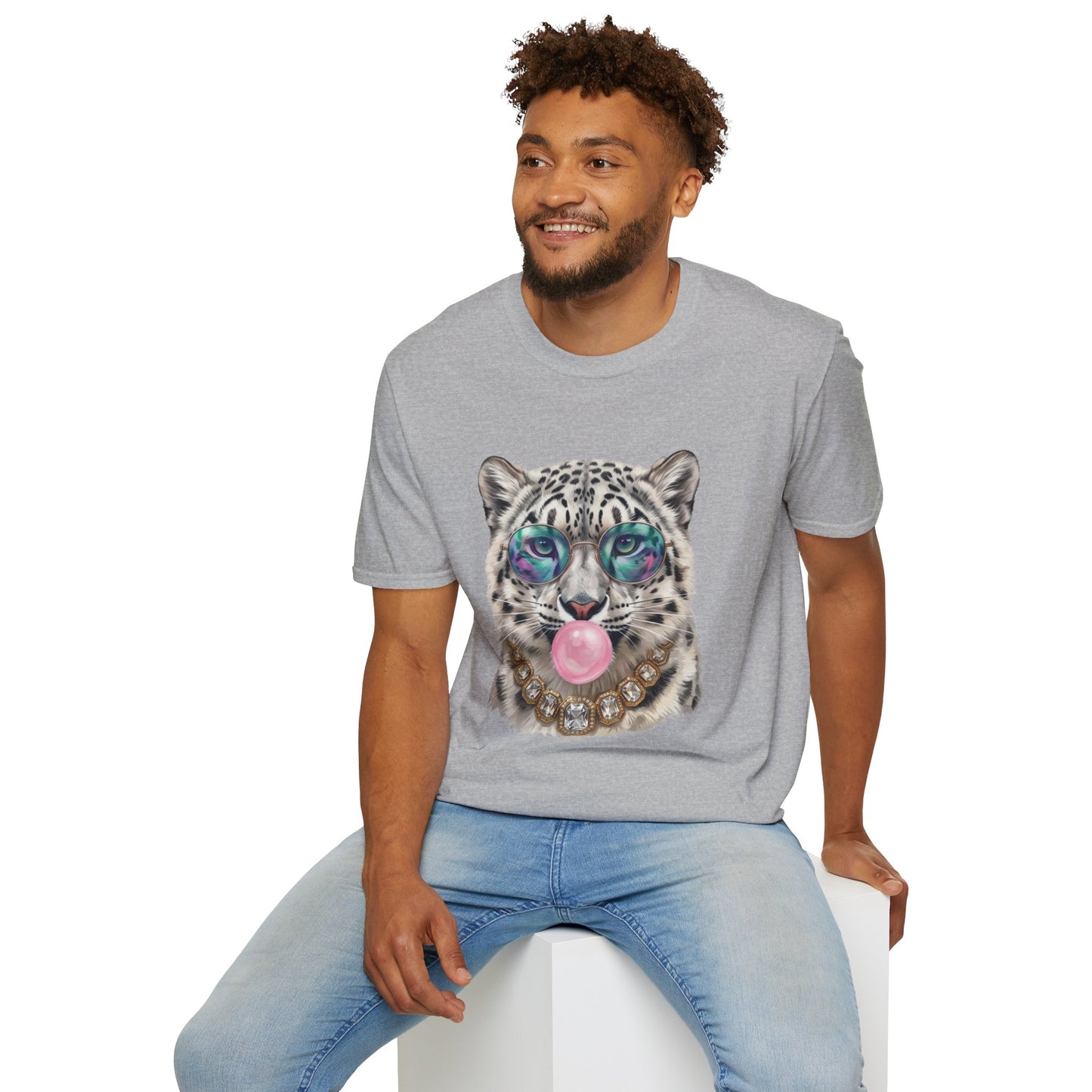 Snow Leopard Sunglasses T-Shirt — Cool Cat Bubblegum Graphic Tee