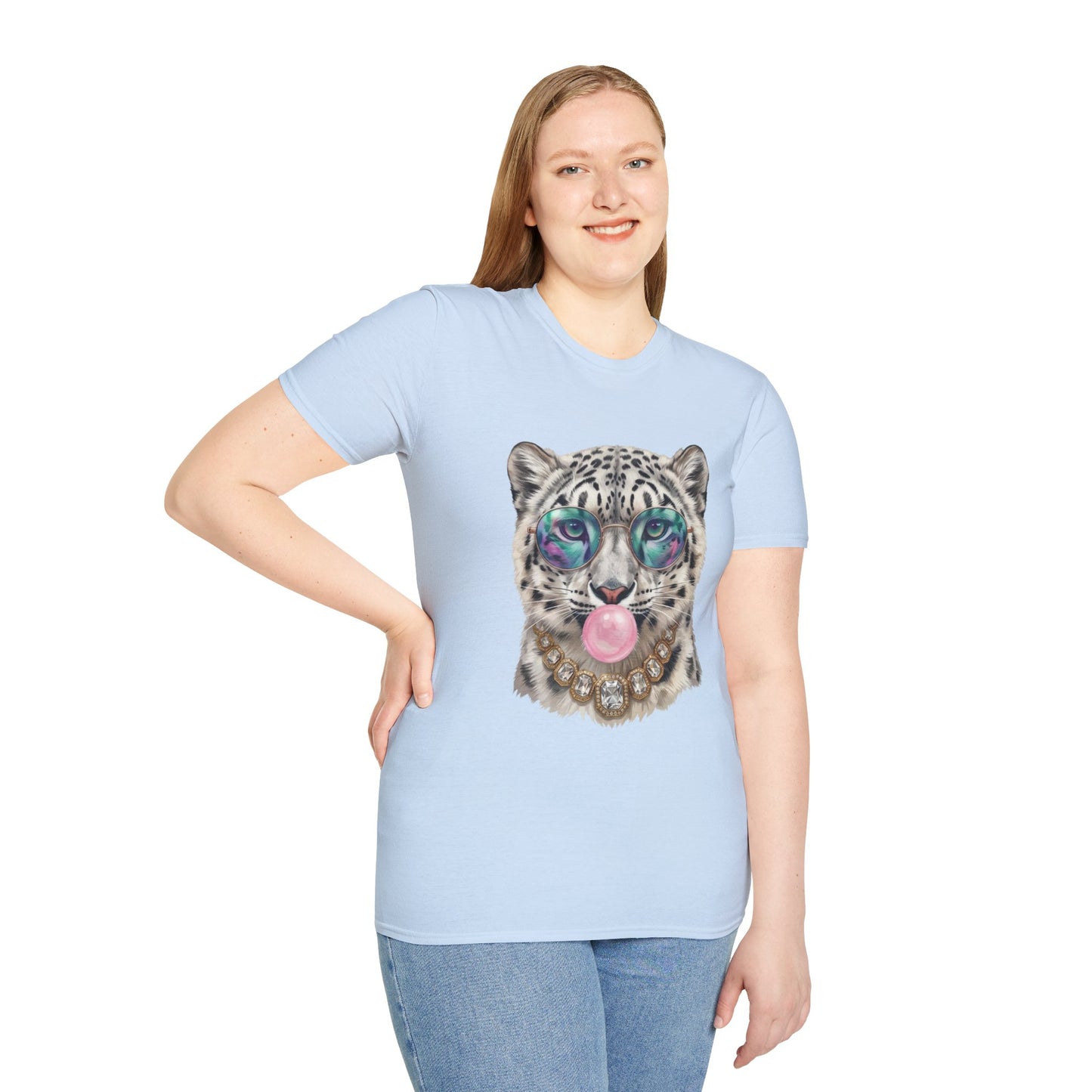 Snow Leopard Sunglasses T-Shirt — Cool Cat Bubblegum Graphic Tee