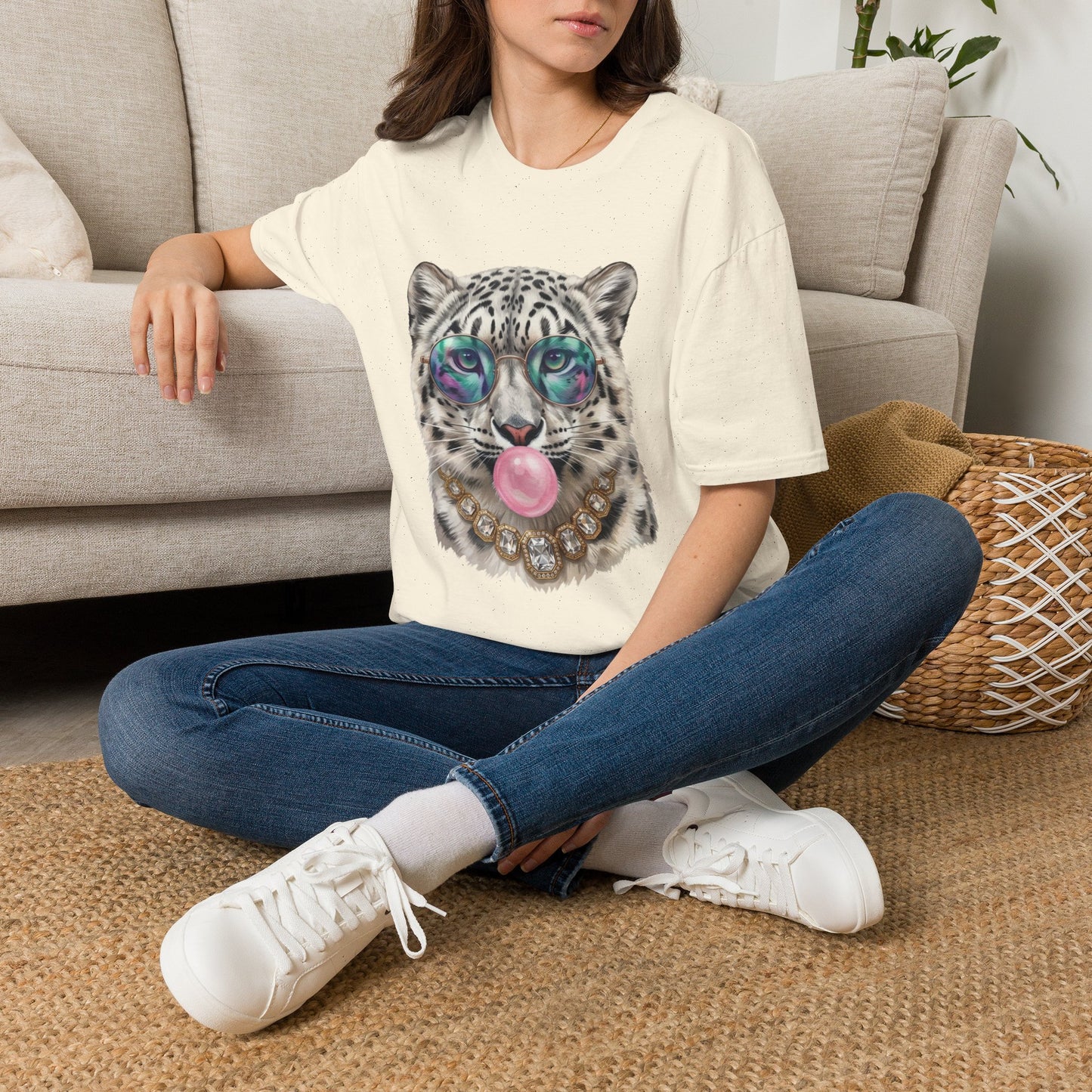 Snow Leopard Sunglasses T-Shirt — Cool Cat Bubblegum Graphic Tee