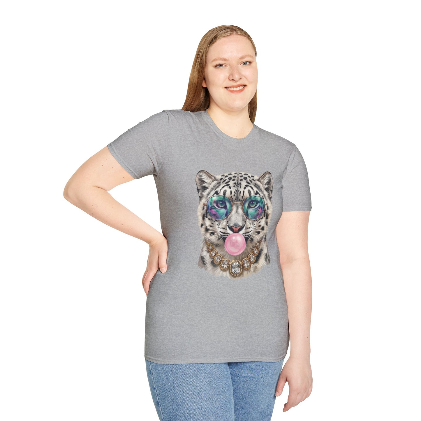 Snow Leopard Sunglasses T-Shirt — Cool Cat Bubblegum Graphic Tee