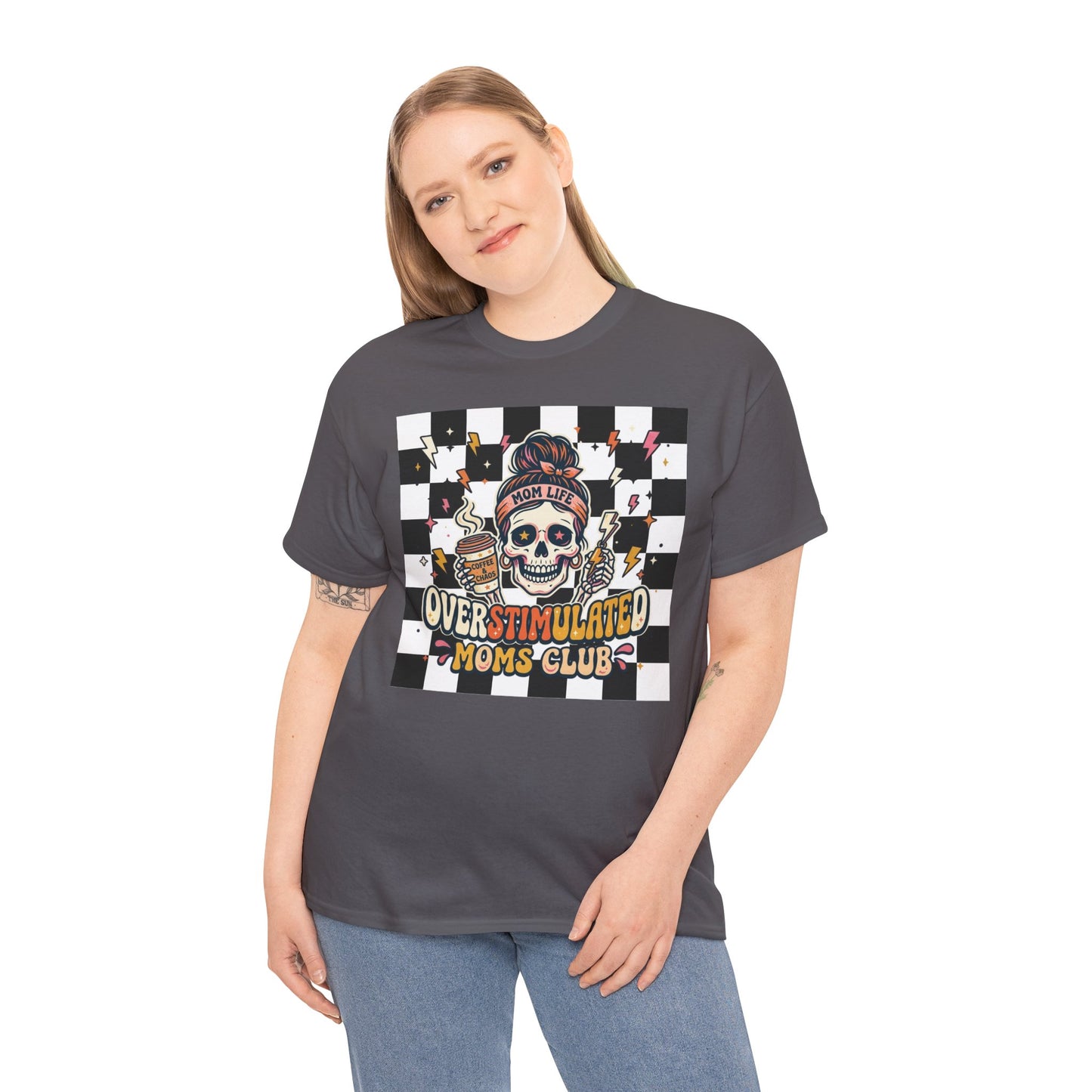 Overstimulated Moms Club T-Shirt — Checker Skull Mom Graphic Tee