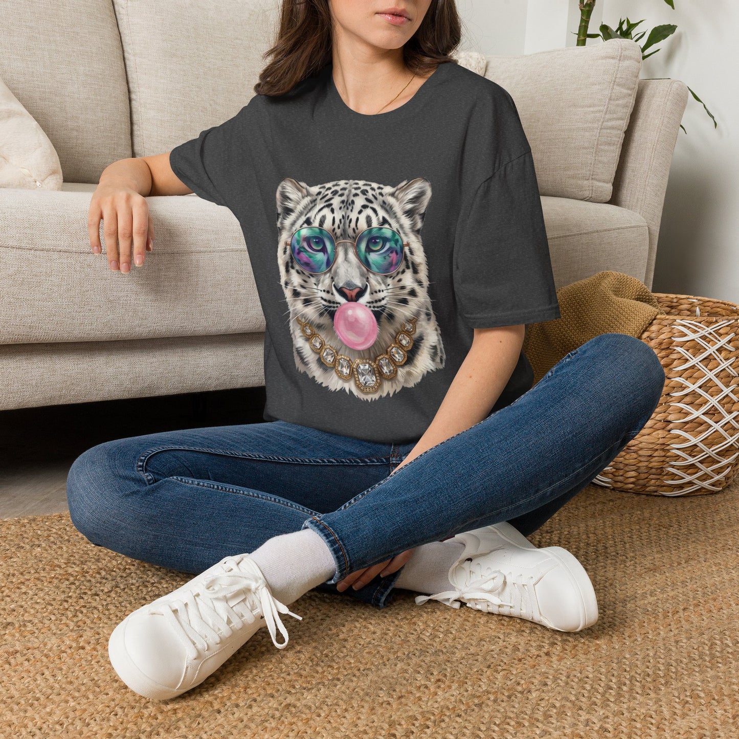 Snow Leopard Sunglasses T-Shirt — Cool Cat Bubblegum Graphic Tee