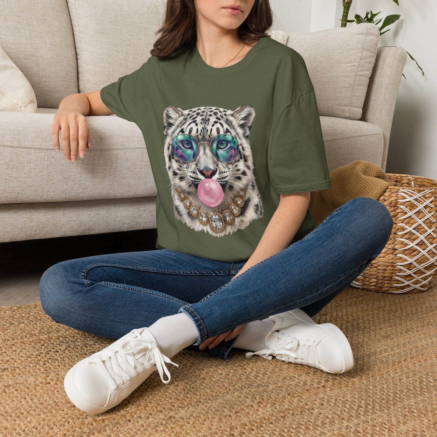 Snow Leopard Sunglasses T-Shirt — Cool Cat Bubblegum Graphic Tee
